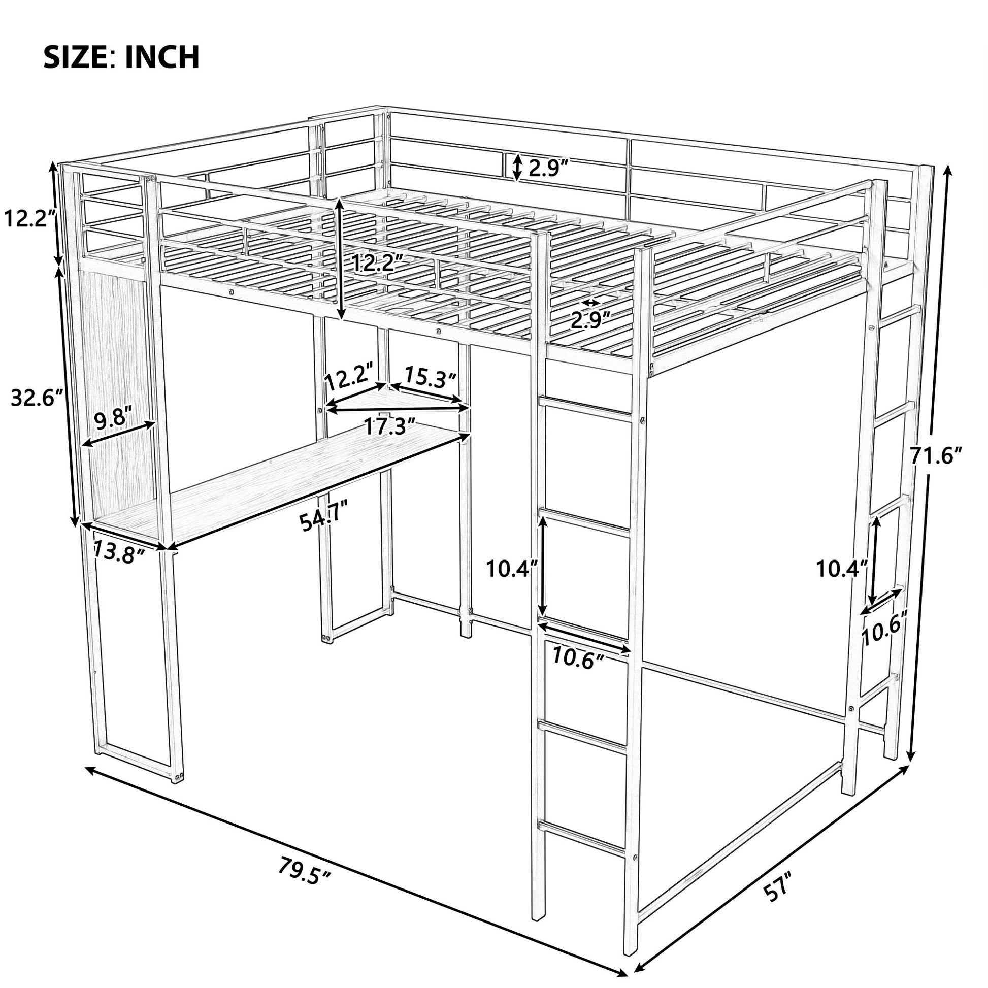 Metal loft bed with integrated desk and shelving