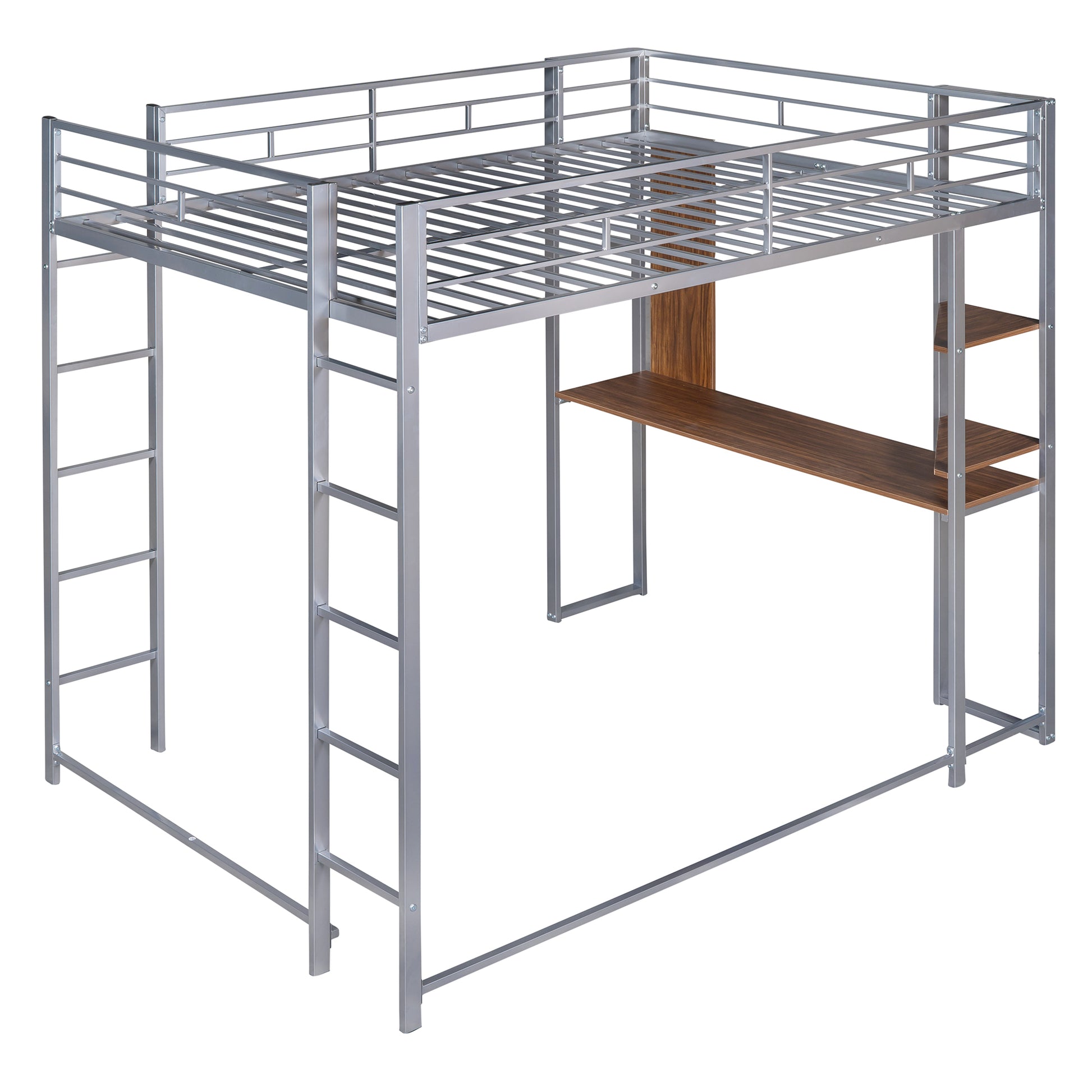 Silver metal loft bed with integrated desk and shelves