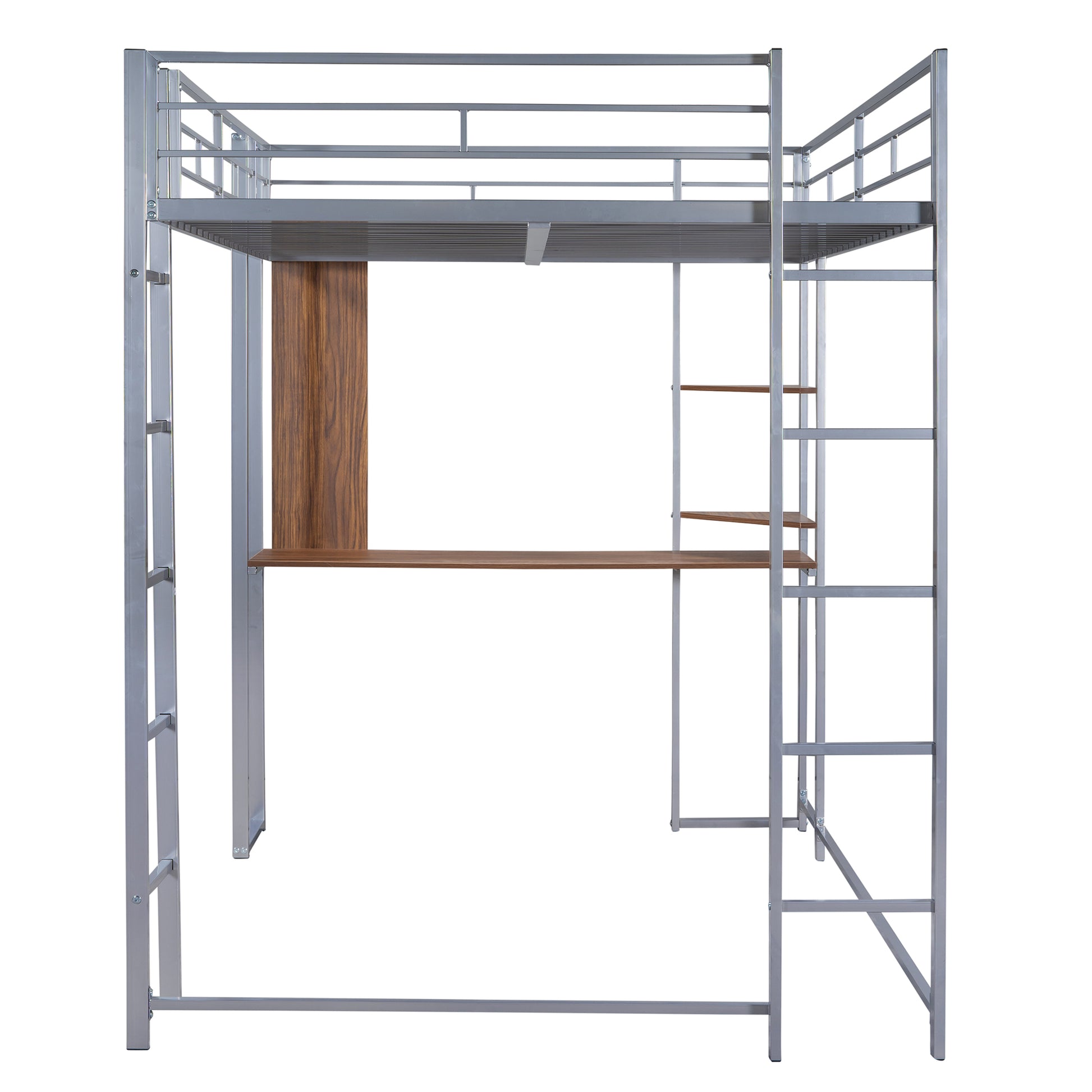 Silver metal loft bed with integrated desk and shelves
