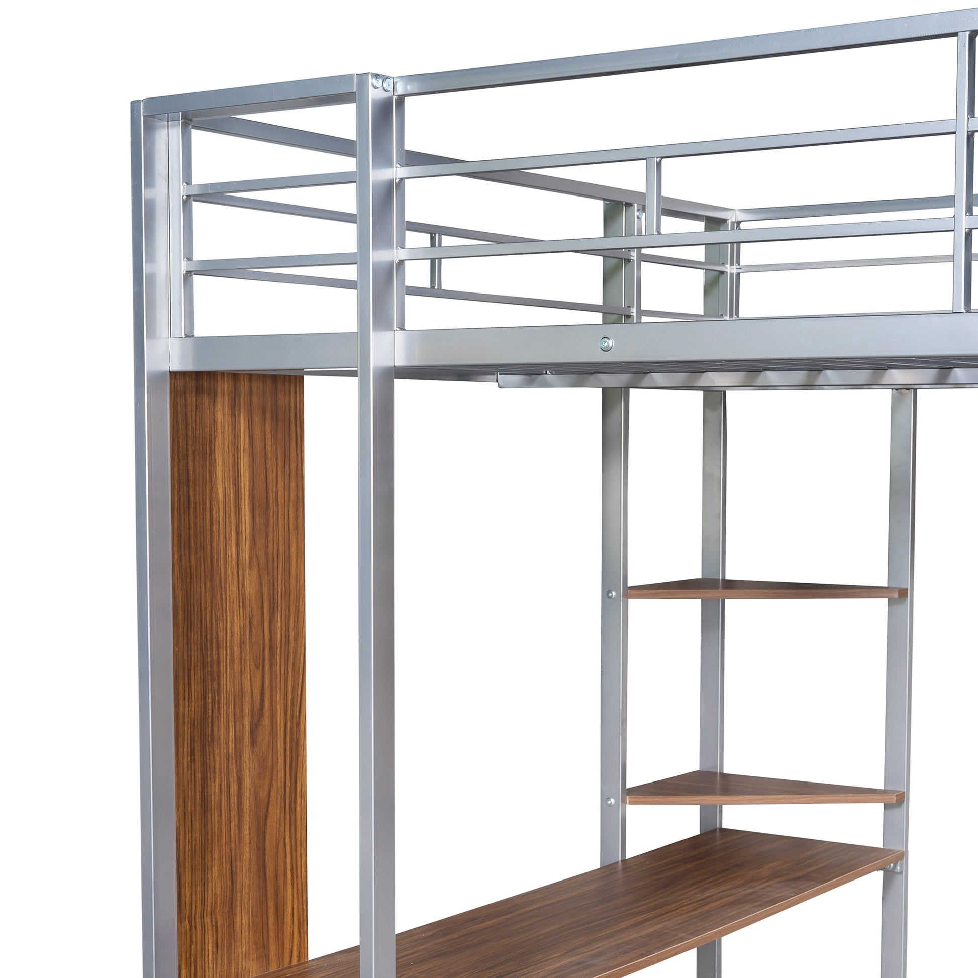 Sleek silver metal frame with wood paneling part of a modern loft bed desk Perfect for spacesaving