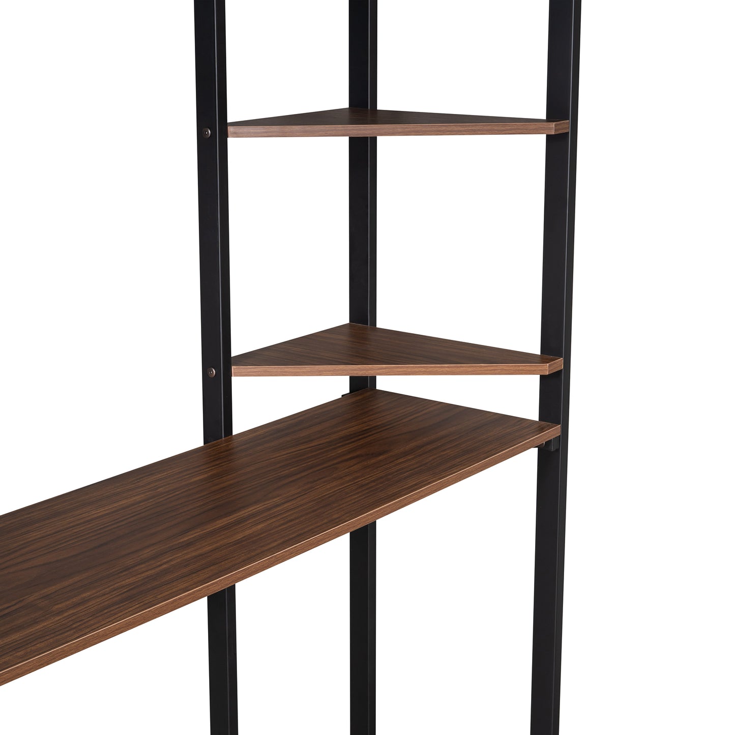 Brown wood grain corner desk with black metal frame