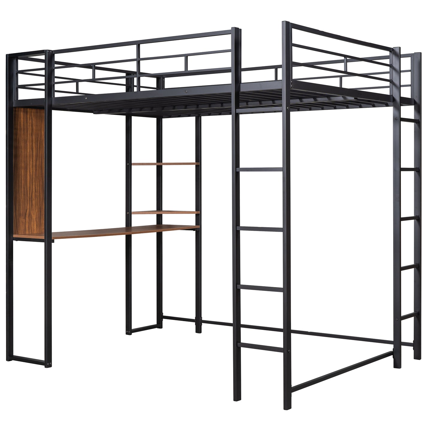 Black metal loft bed with desk and shelves