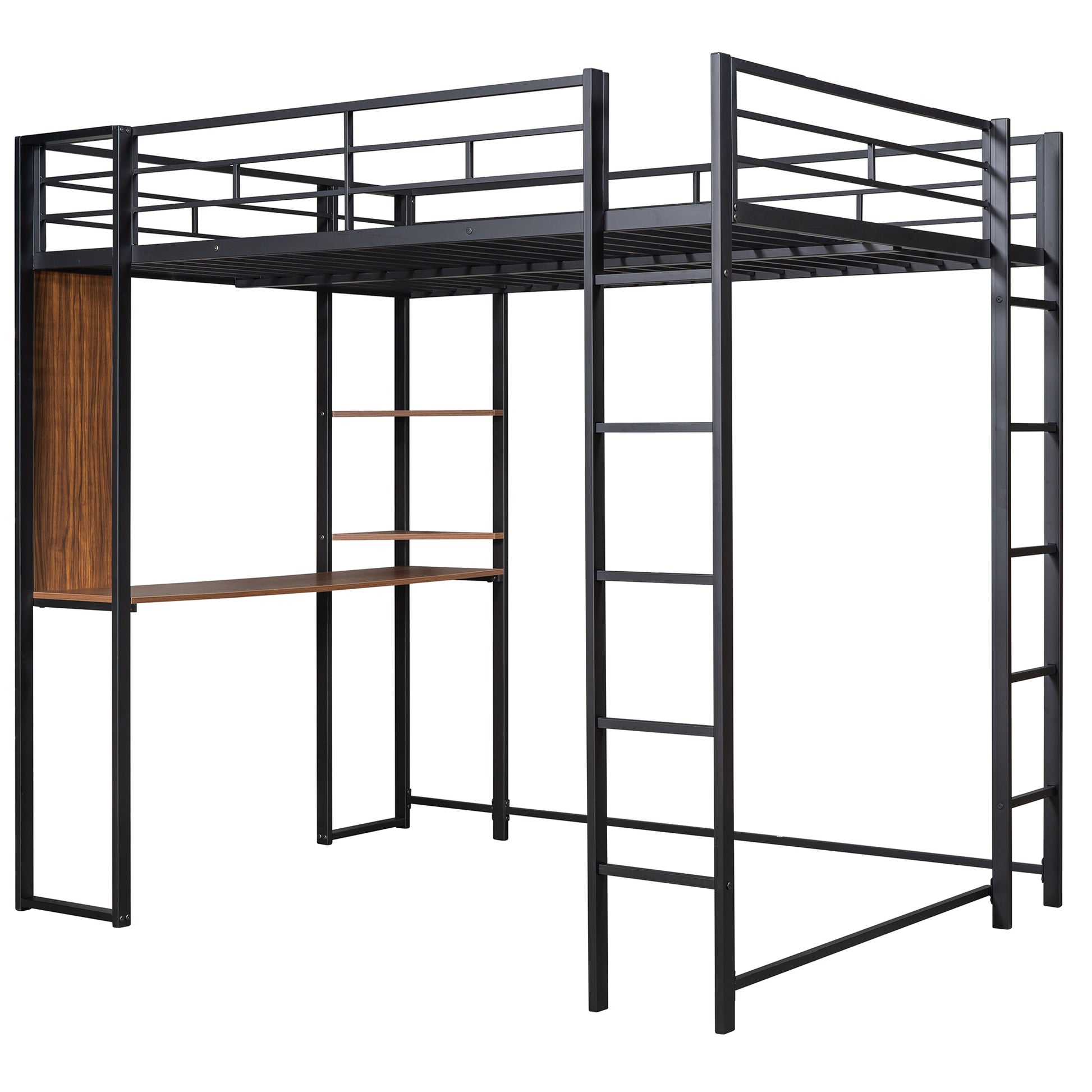 Black metal loft bed with desk and shelves