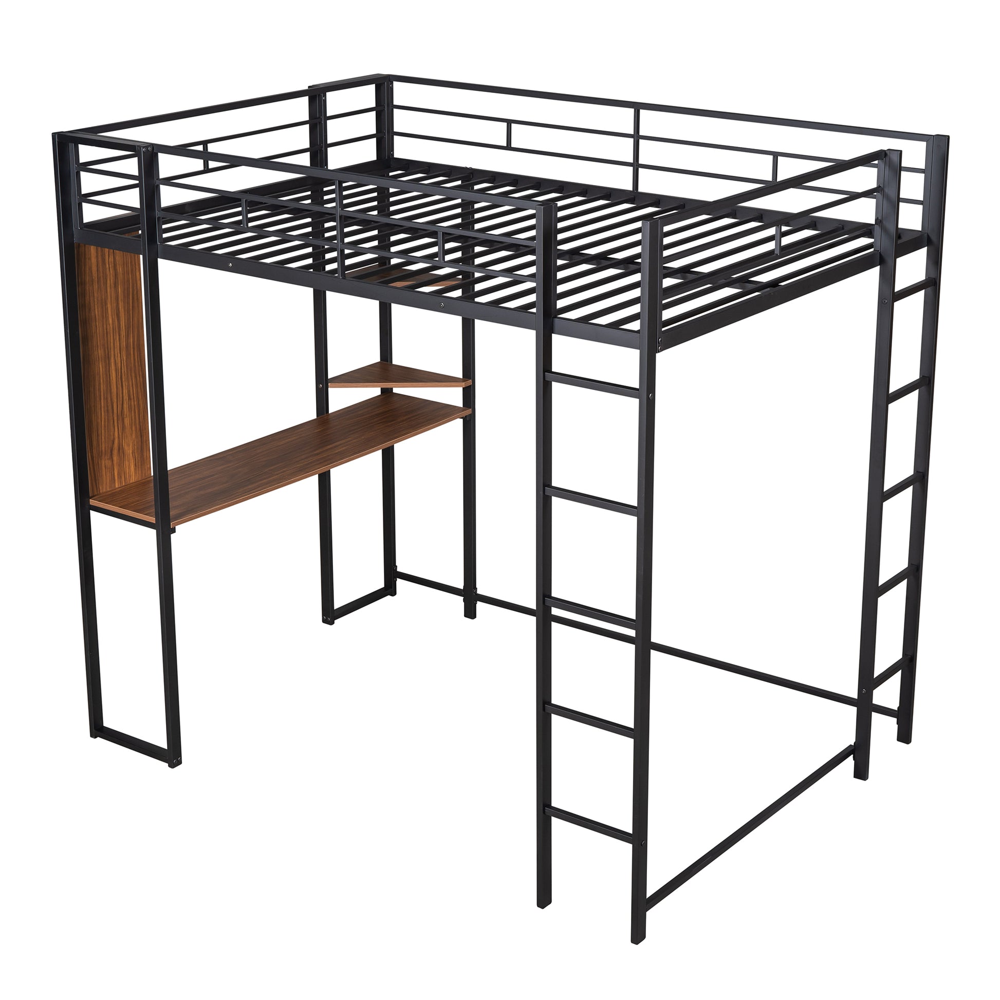 Black metal loft bed with integrated desk and shelves