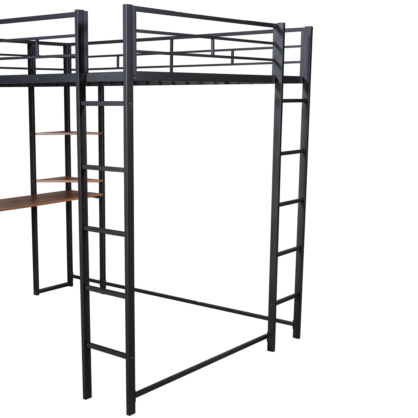 Black metal loft bed with desk and shelves