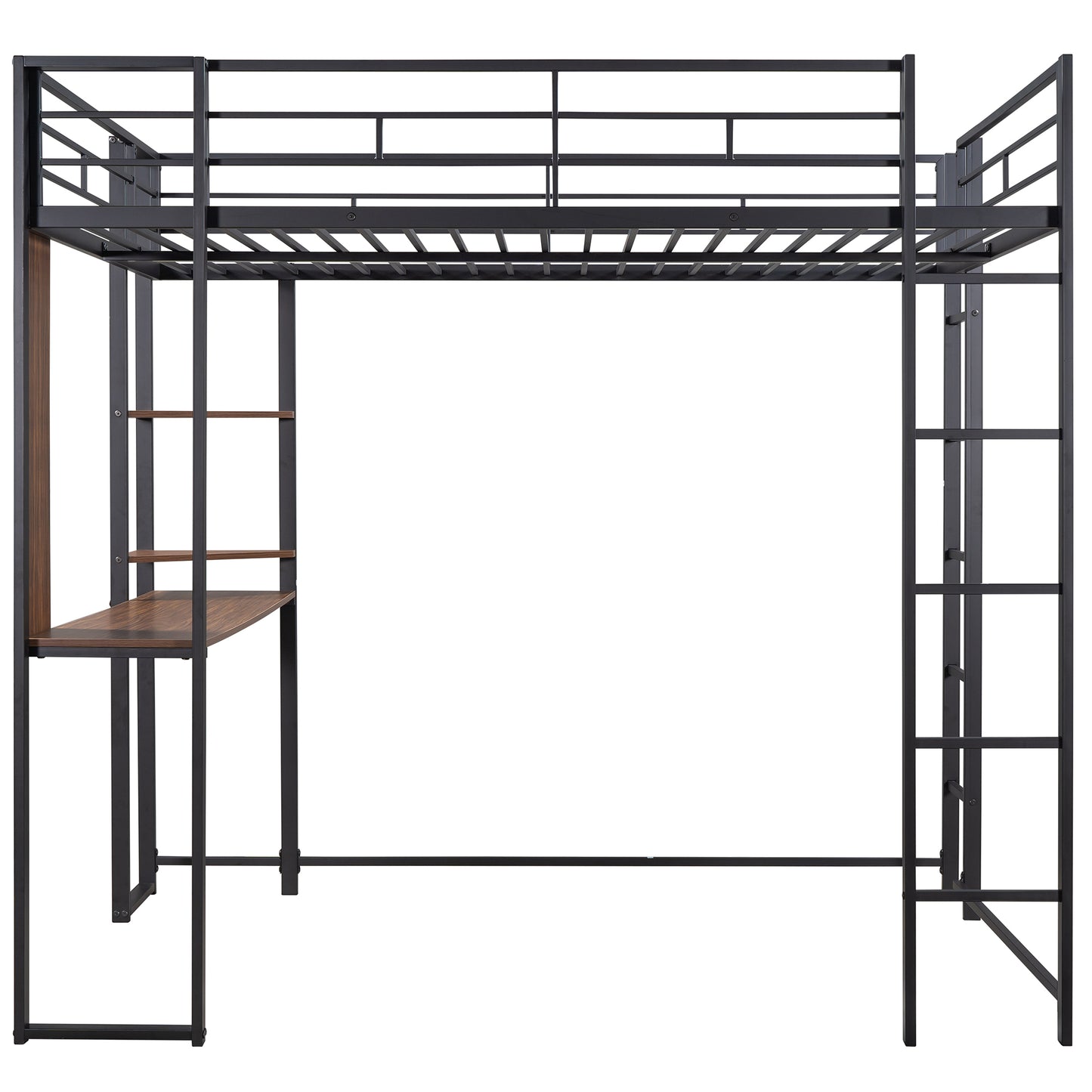 Black metal loft bed with integrated desk and shelves