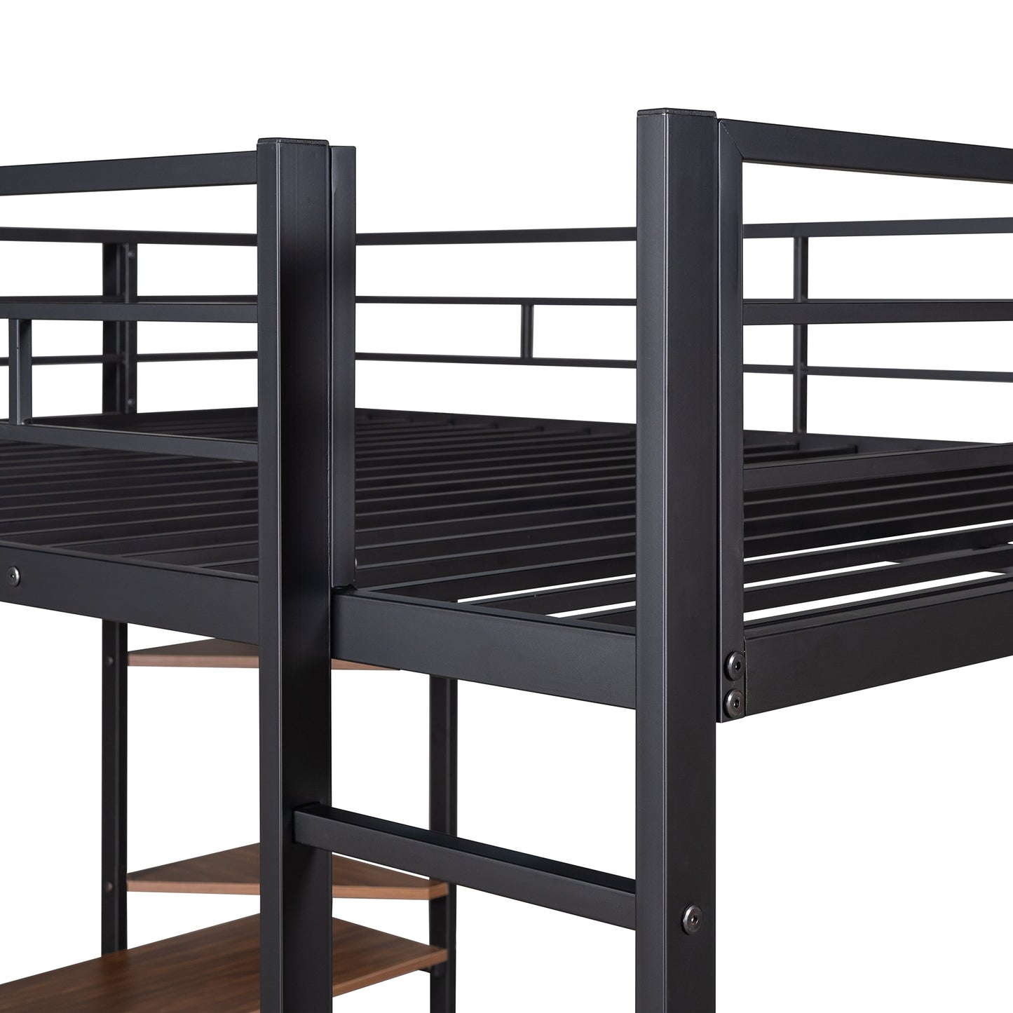 Black metal loft bed frame with builtin wooden shelves