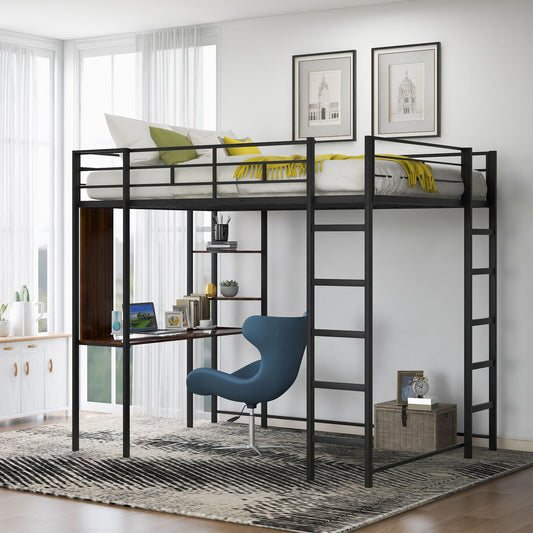 TREATLIFE HOME Full Size Metal Loft Bed with Integrated Desk and Shelves, Sturdy Construction, Black
