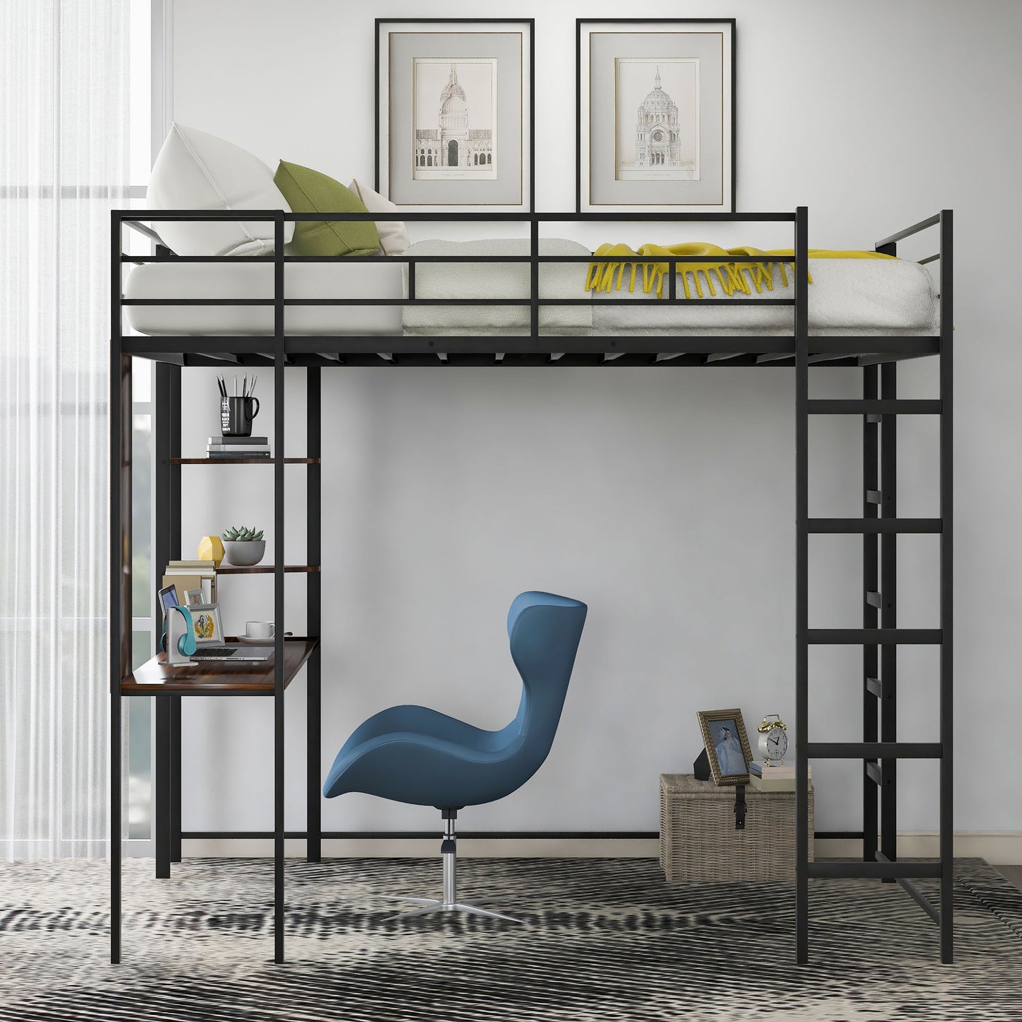 Black metal loft bed with integrated desk and shelves