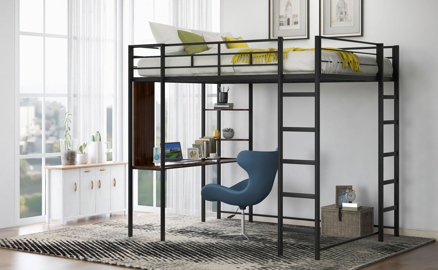 Black metal twin loft bed with desk and shelves