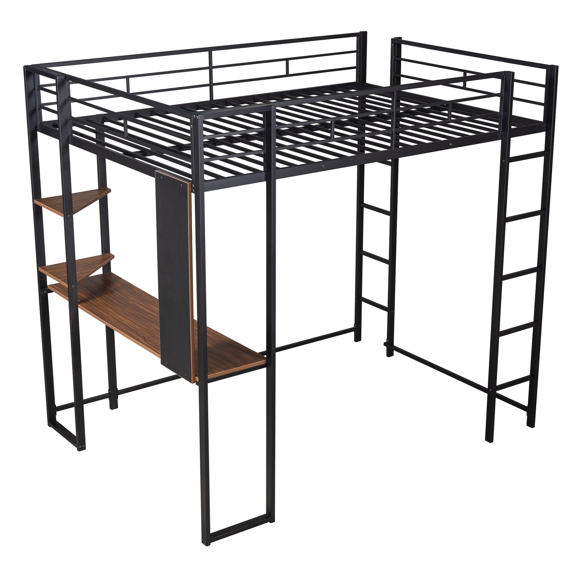 Black metal loft bed with integrated desk and shelves