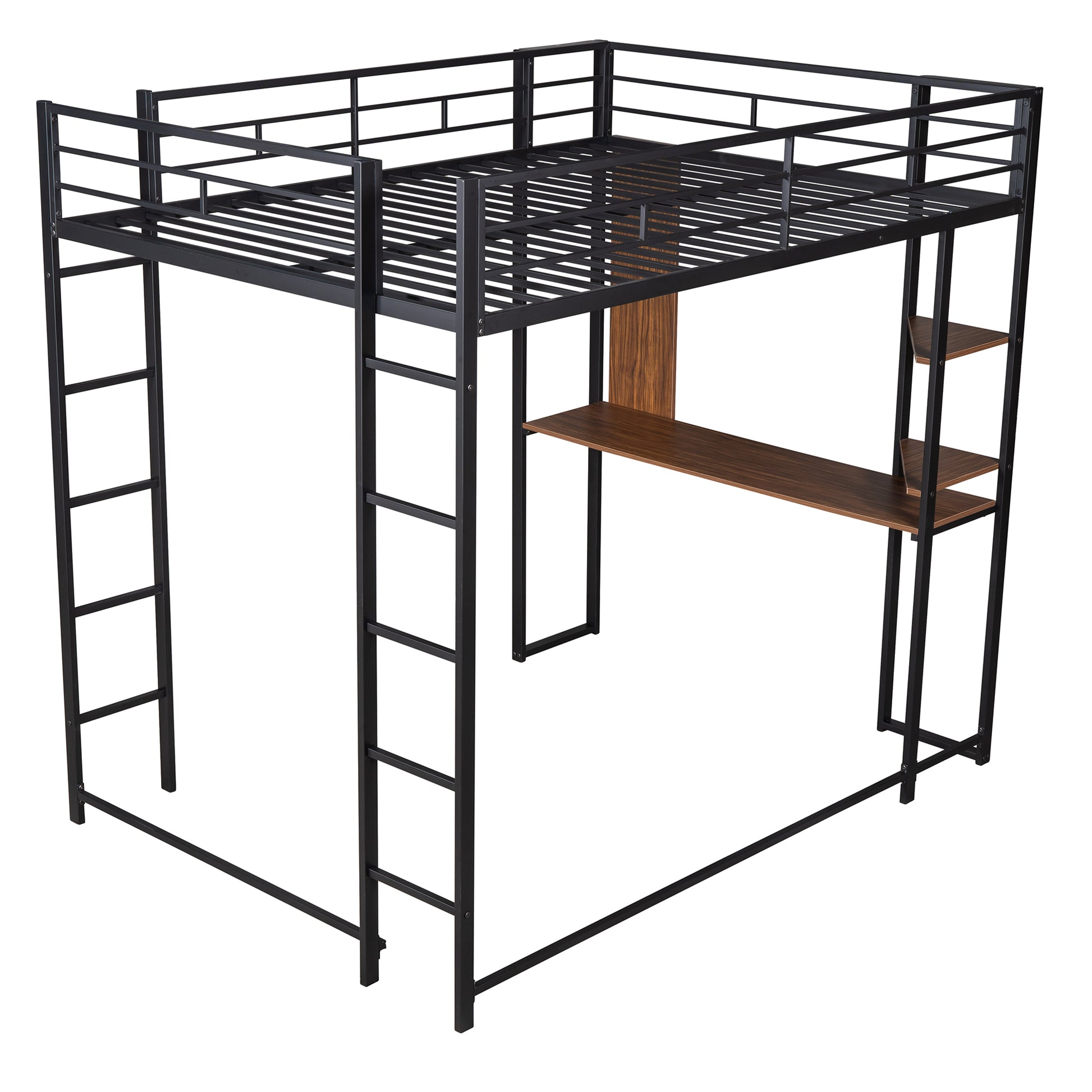 Black metal loft bed with builtin desk and shelves