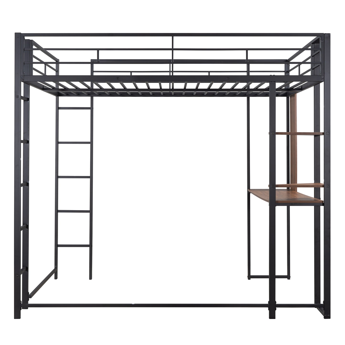 Black metal loft bed with integrated desk and ladder