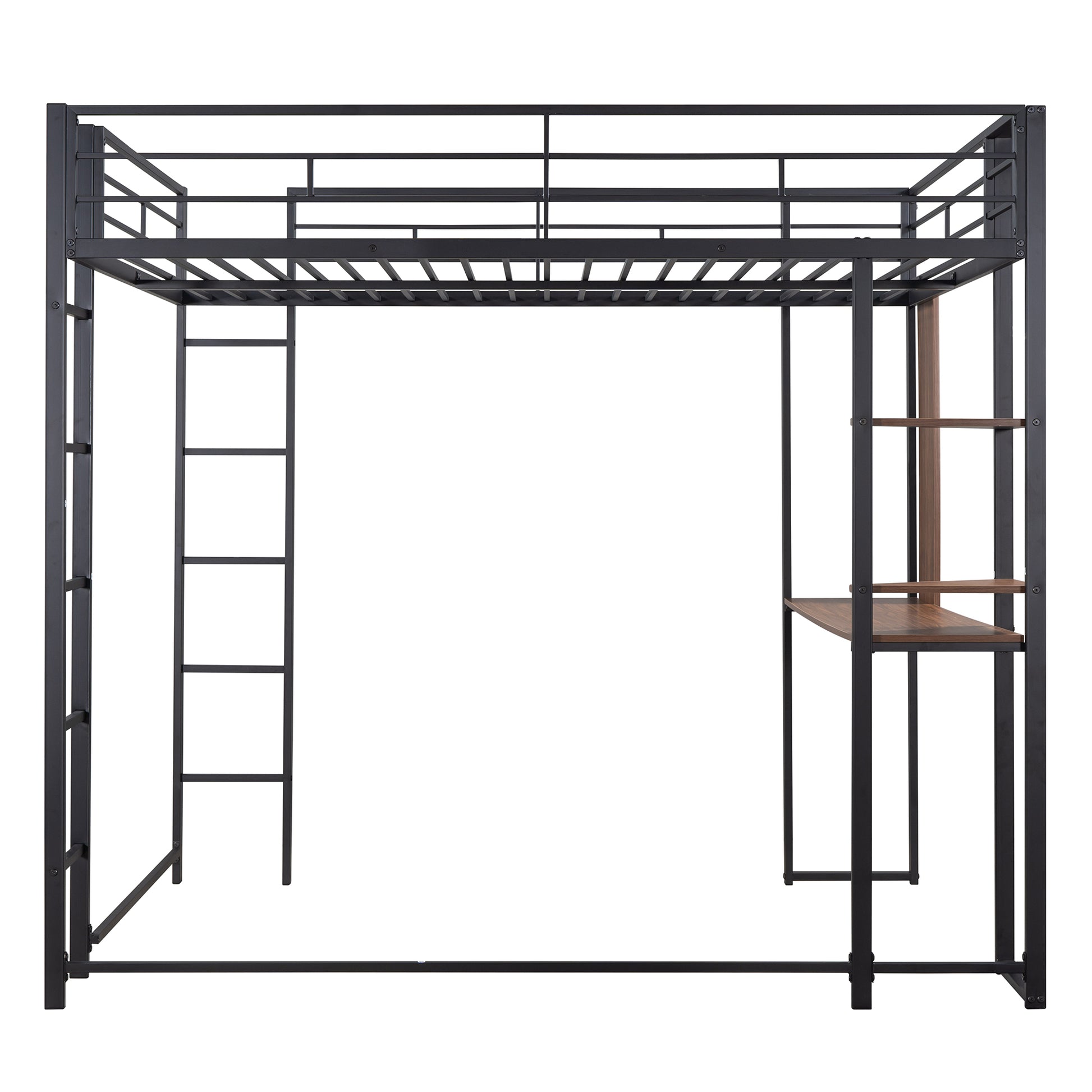 Black metal loft bed with integrated desk and ladder