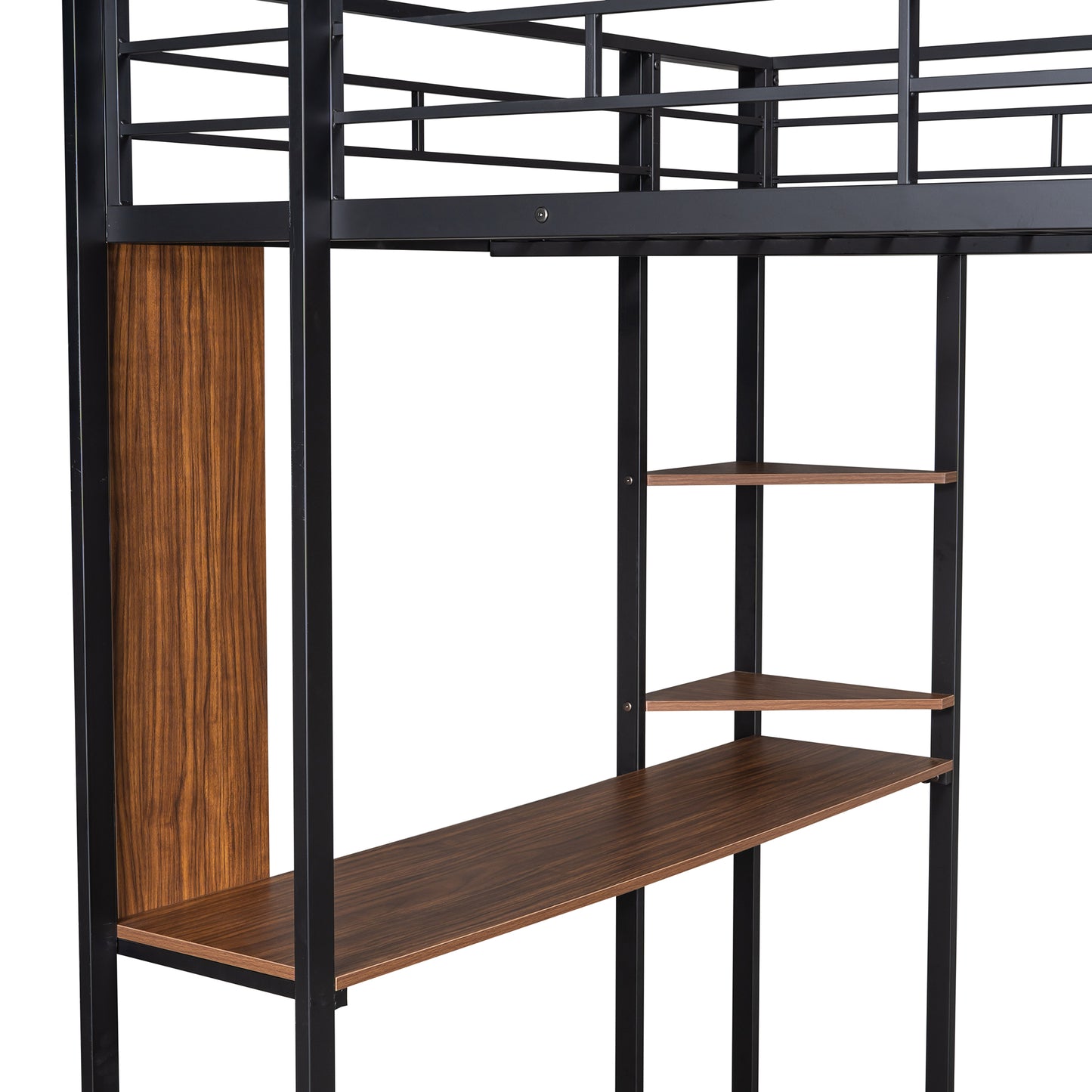 Black metal loft bed frame with wood grain desk and shelves