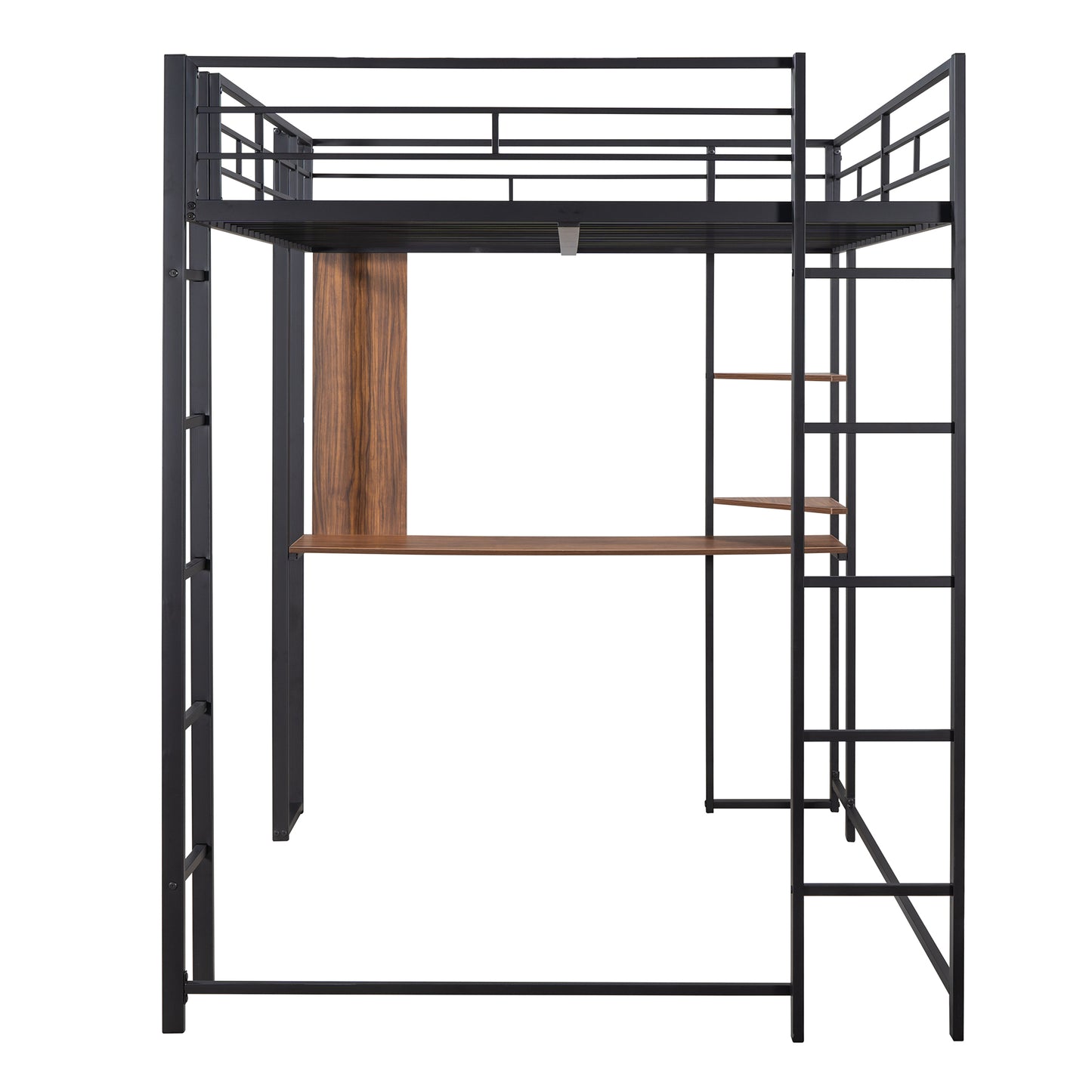 Black metal loft bed with integrated desk and wood shelving modern design