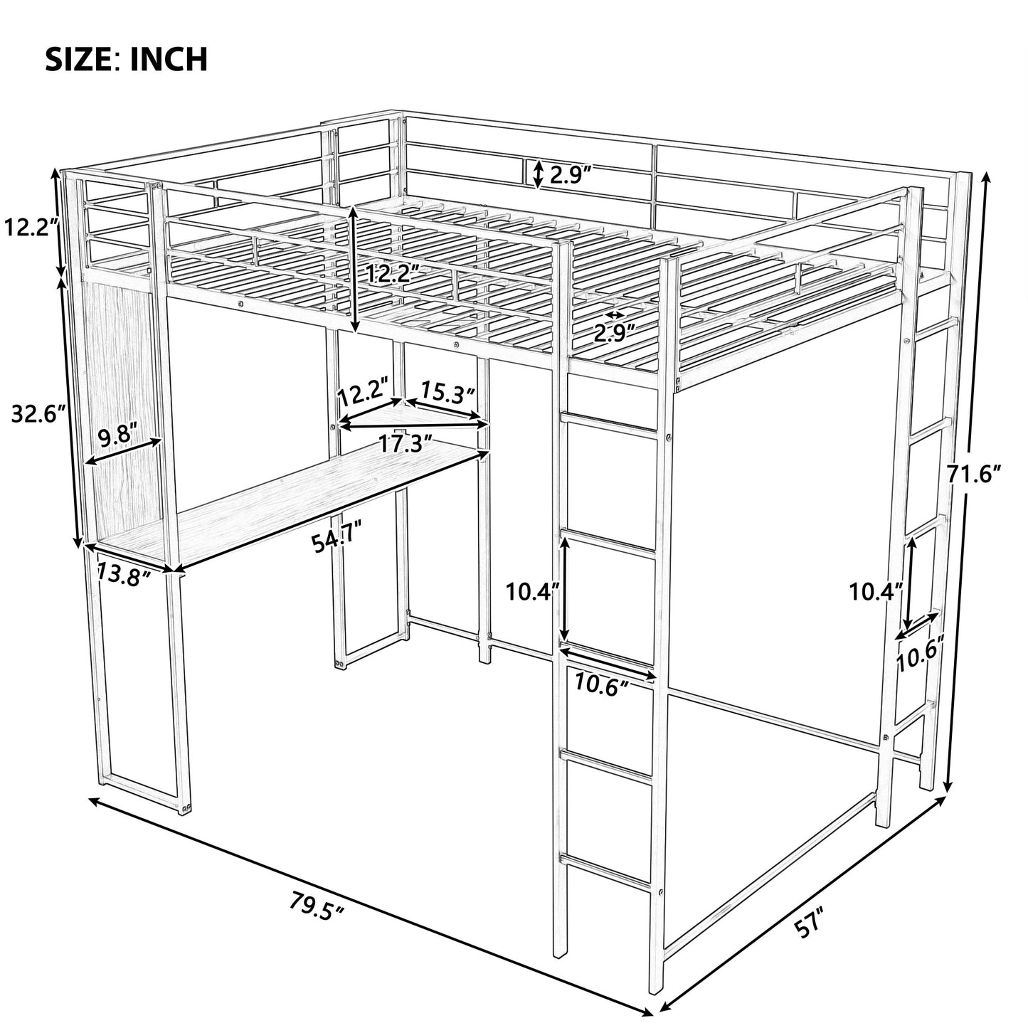 Silver metal loft bed with integrated desk