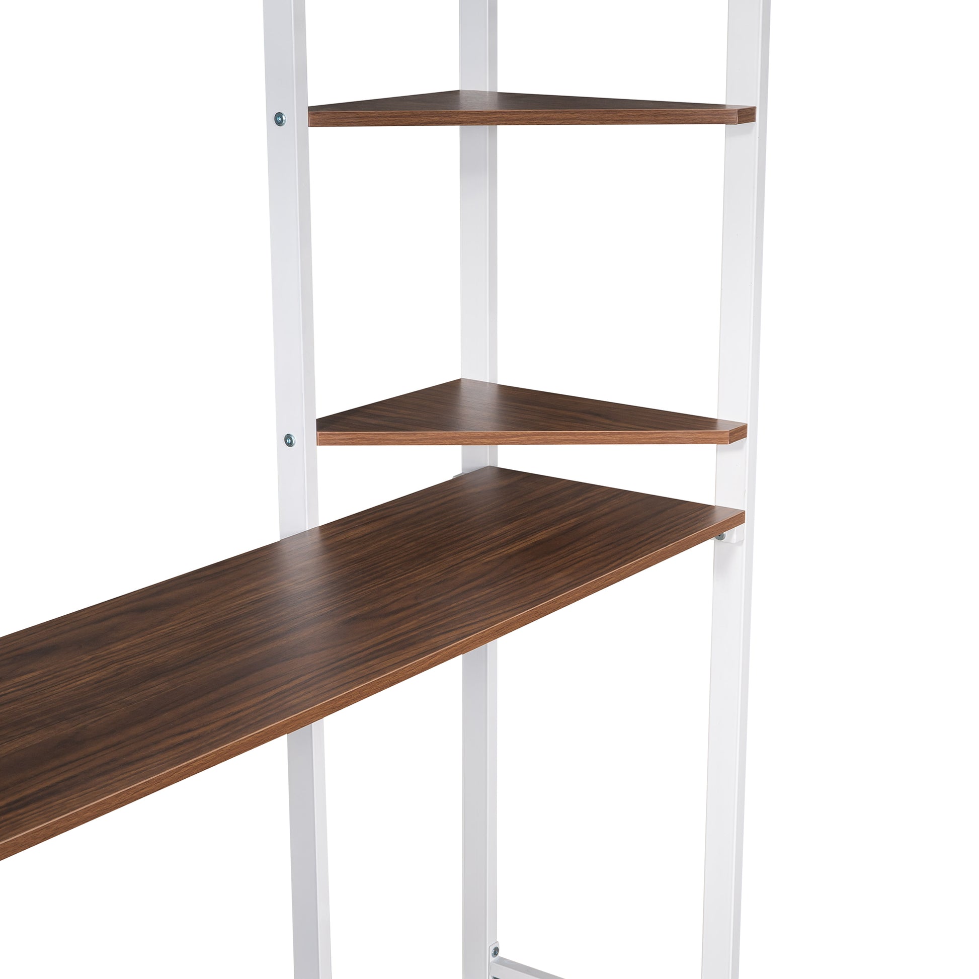 Corner bookshelf with dark wood shelves and white frame