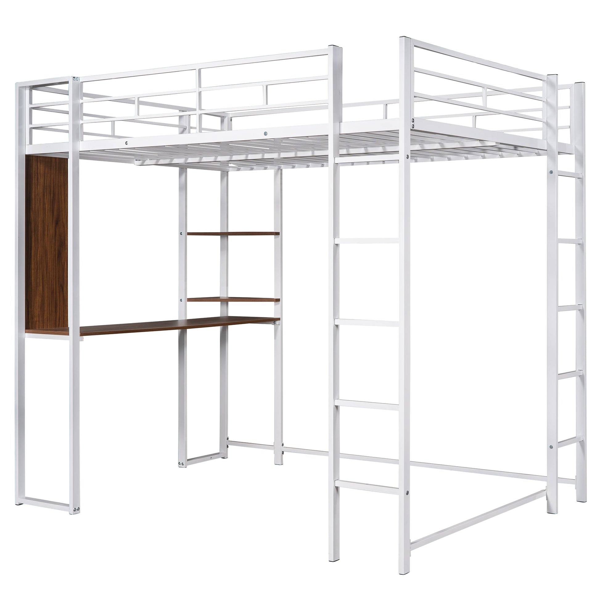White metal loft bed with integrated desk and shelves