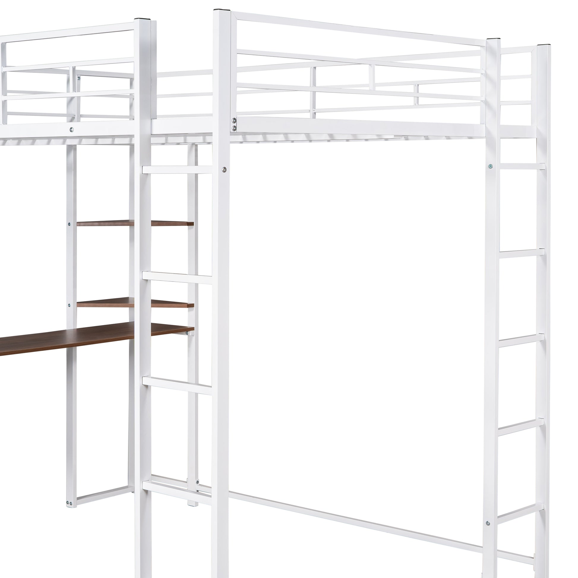 White metal loft bed frame with attached desk and shelves