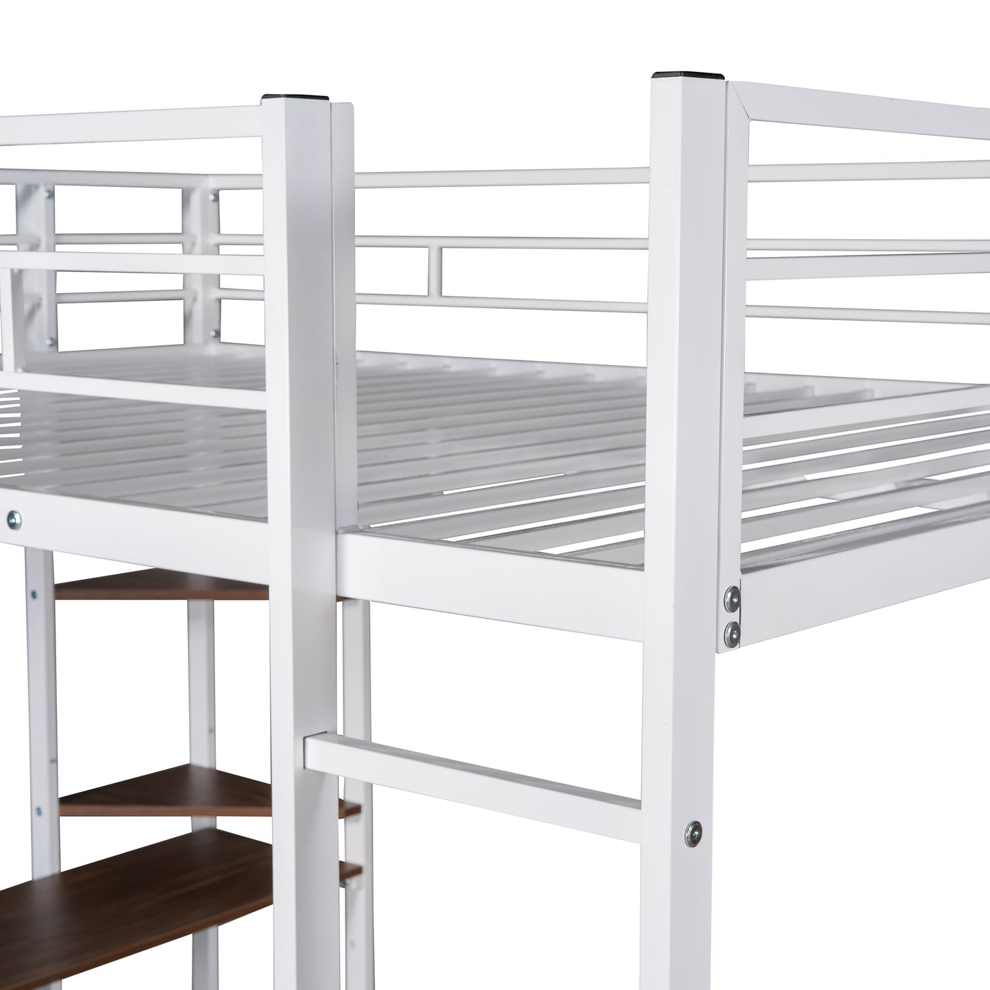 White metal loft bed frame with integrated wooden shelves