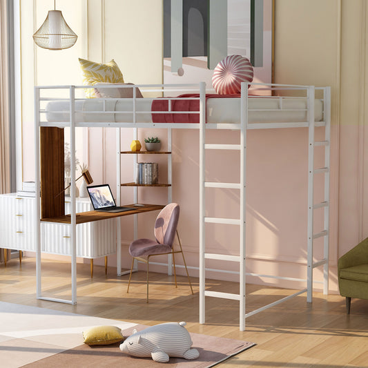 White metal loft bed with integrated desk and shelves