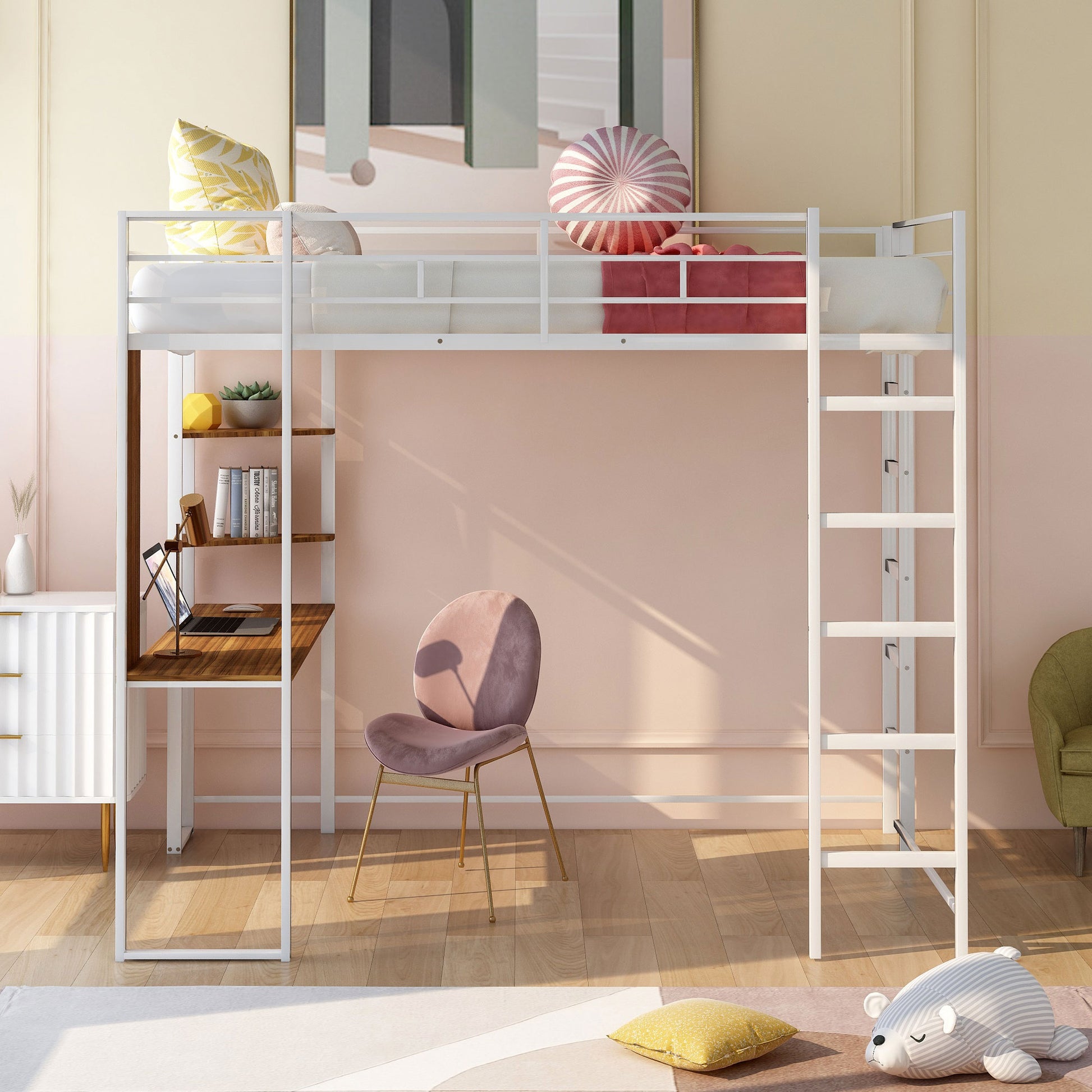 White metal loft bed with integrated desk and shelves