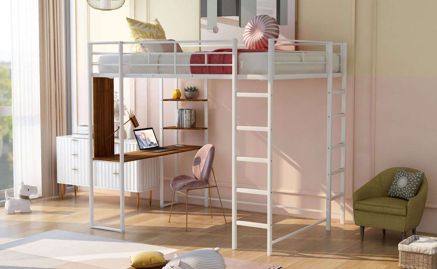 White metal loft bed with integrated desk and ladder perfect for kids room