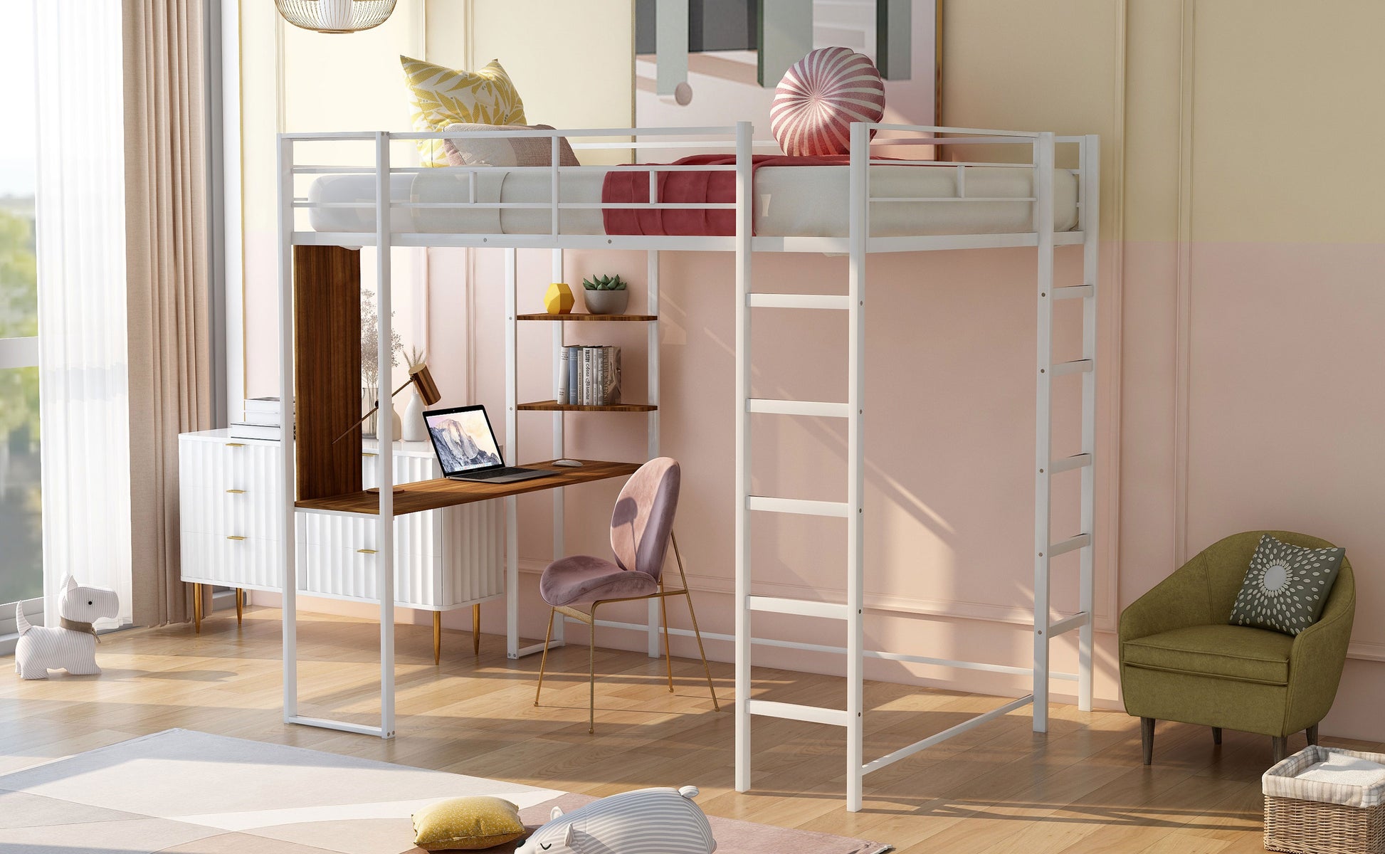 White metal loft bed with integrated desk and ladder perfect for kids room