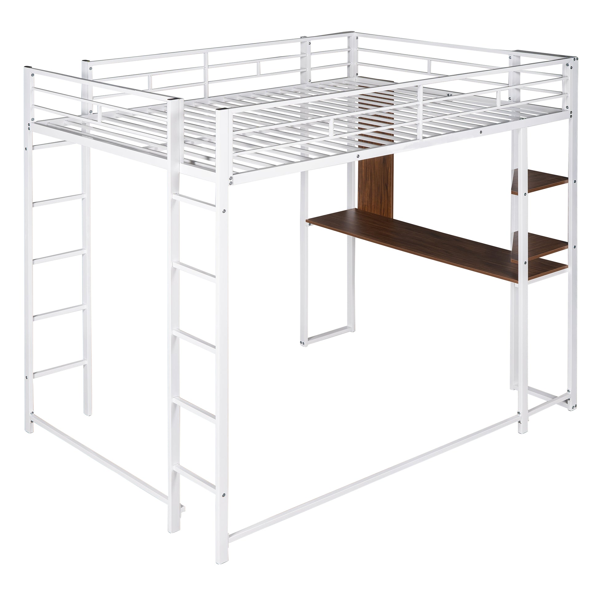 White metal loft bed with desk and shelves