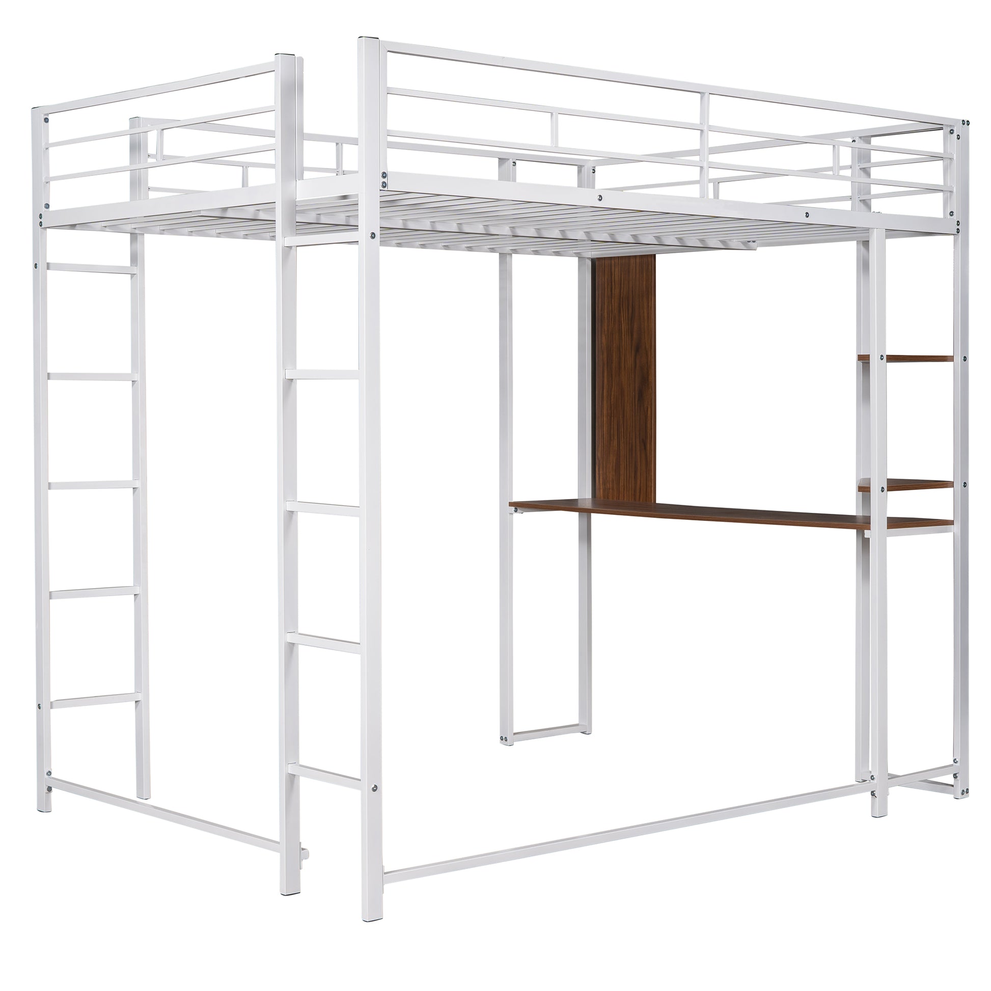 White metal loft bed with integrated desk and ladder