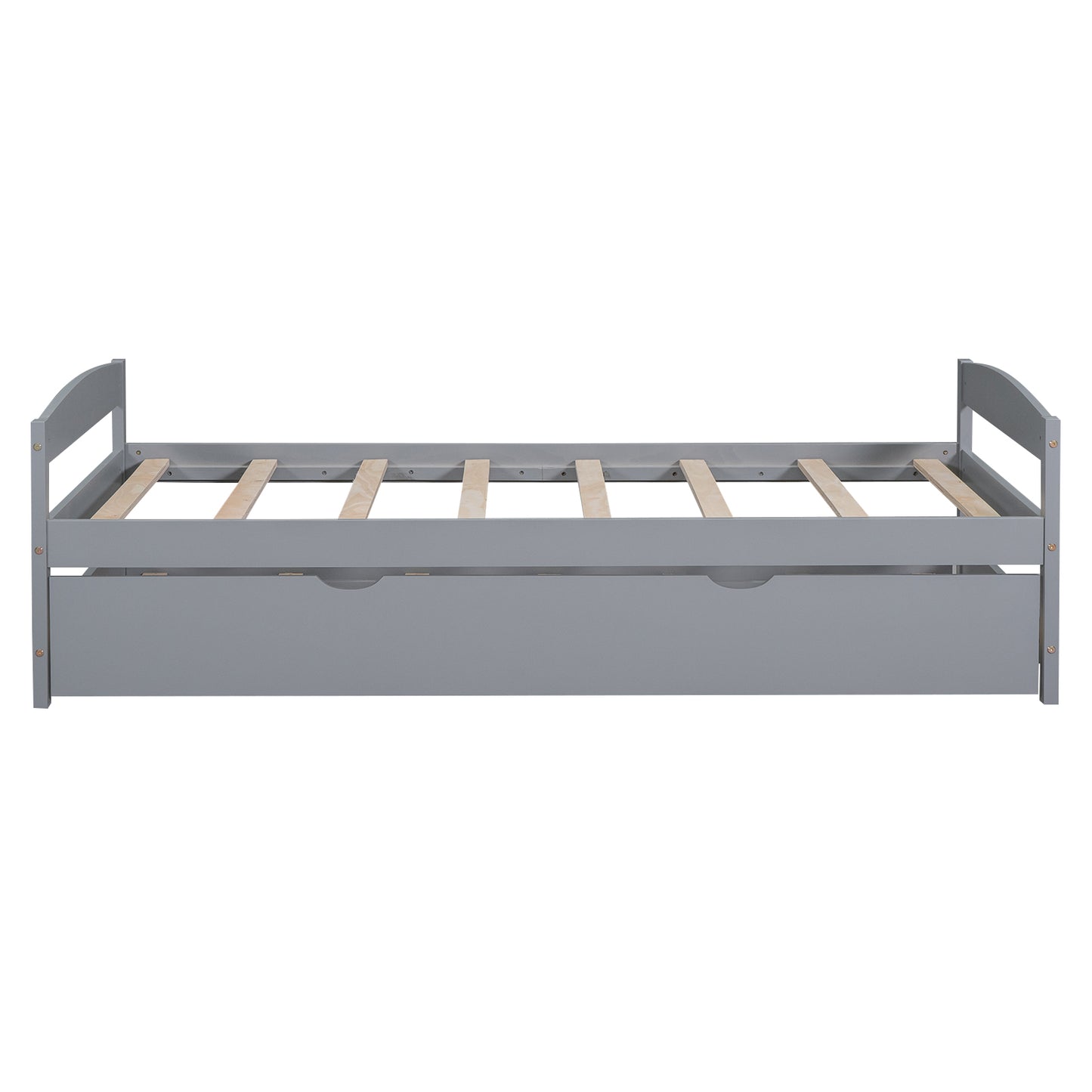 Grey wooden daybed frame with integrated drawers and slatted base