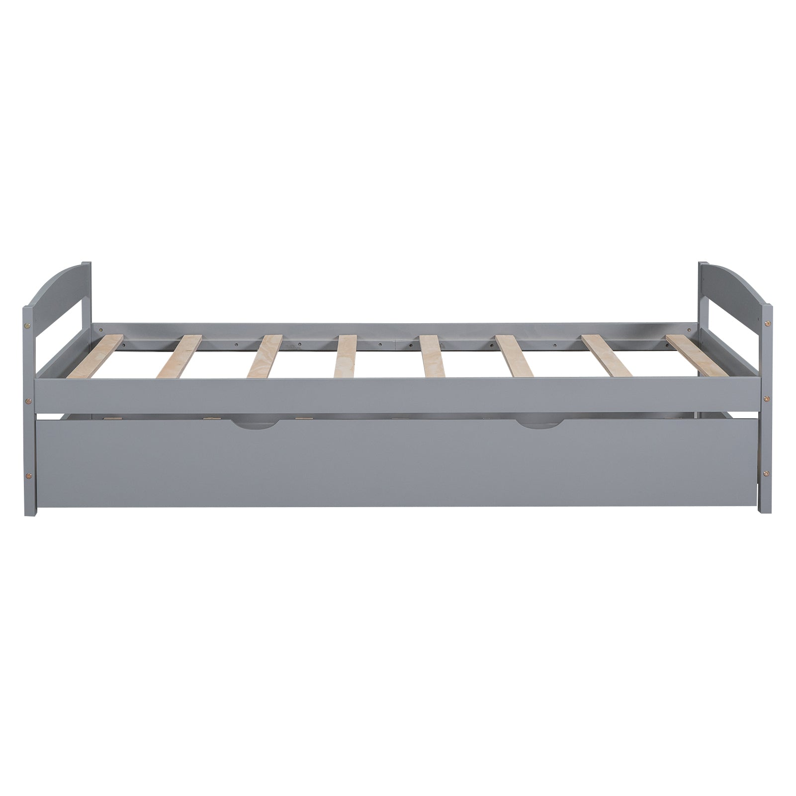Grey wooden daybed frame with integrated drawers and slatted base