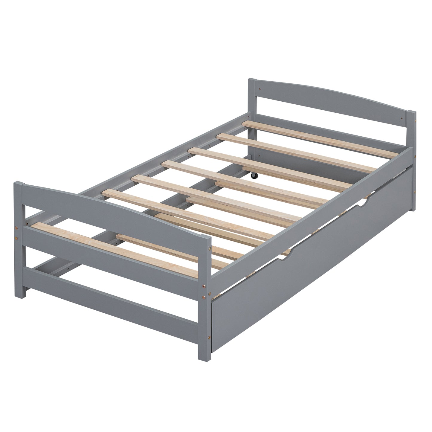 Gray wooden twin bed frame with slatted mattress support