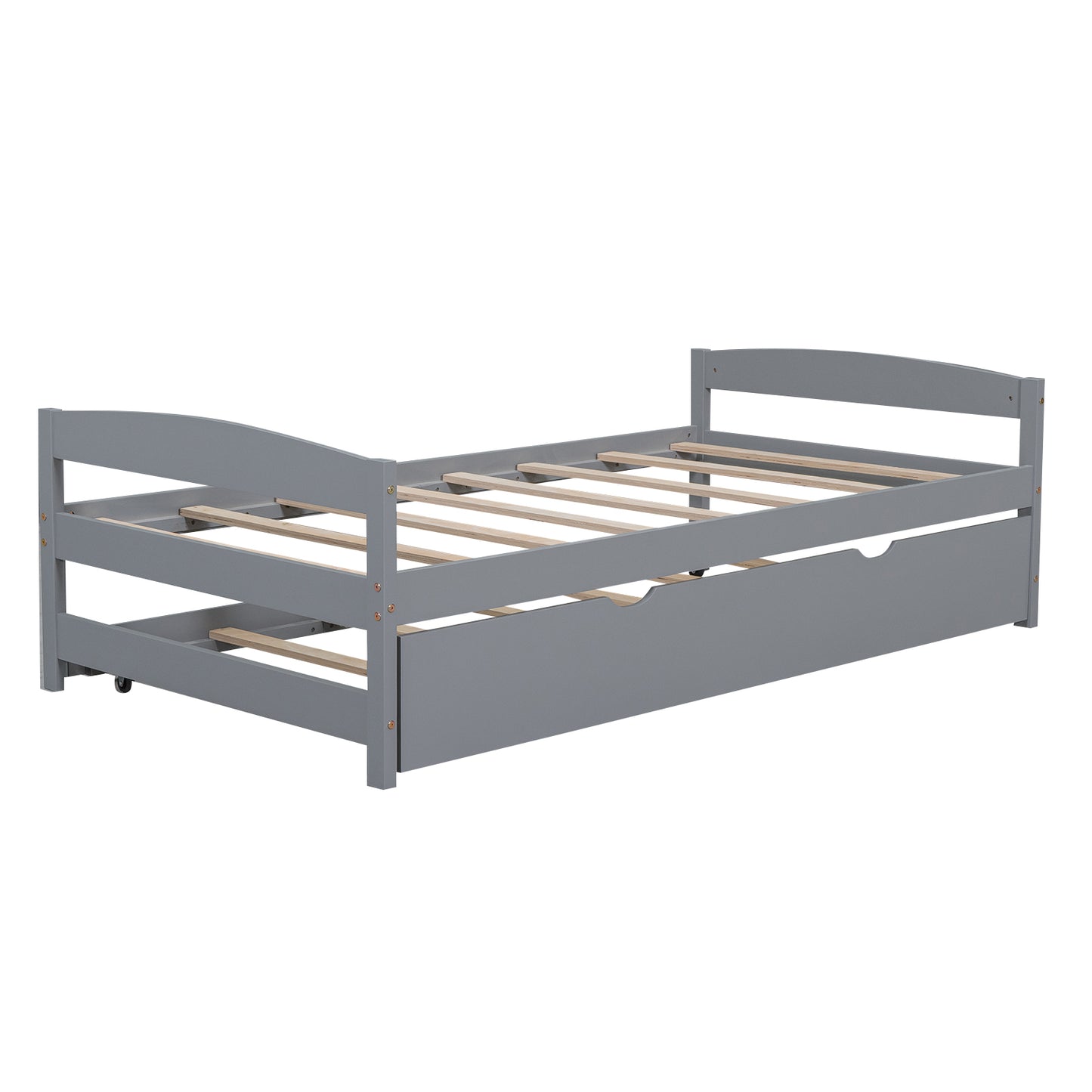 Gray wooden daybed with pullout trundle for guest room