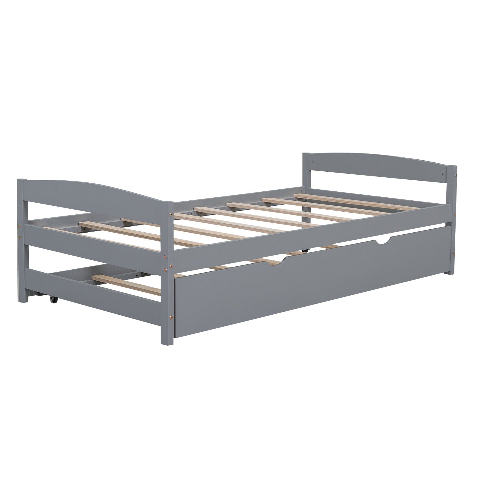 Gray wooden daybed with pullout trundle for guest room