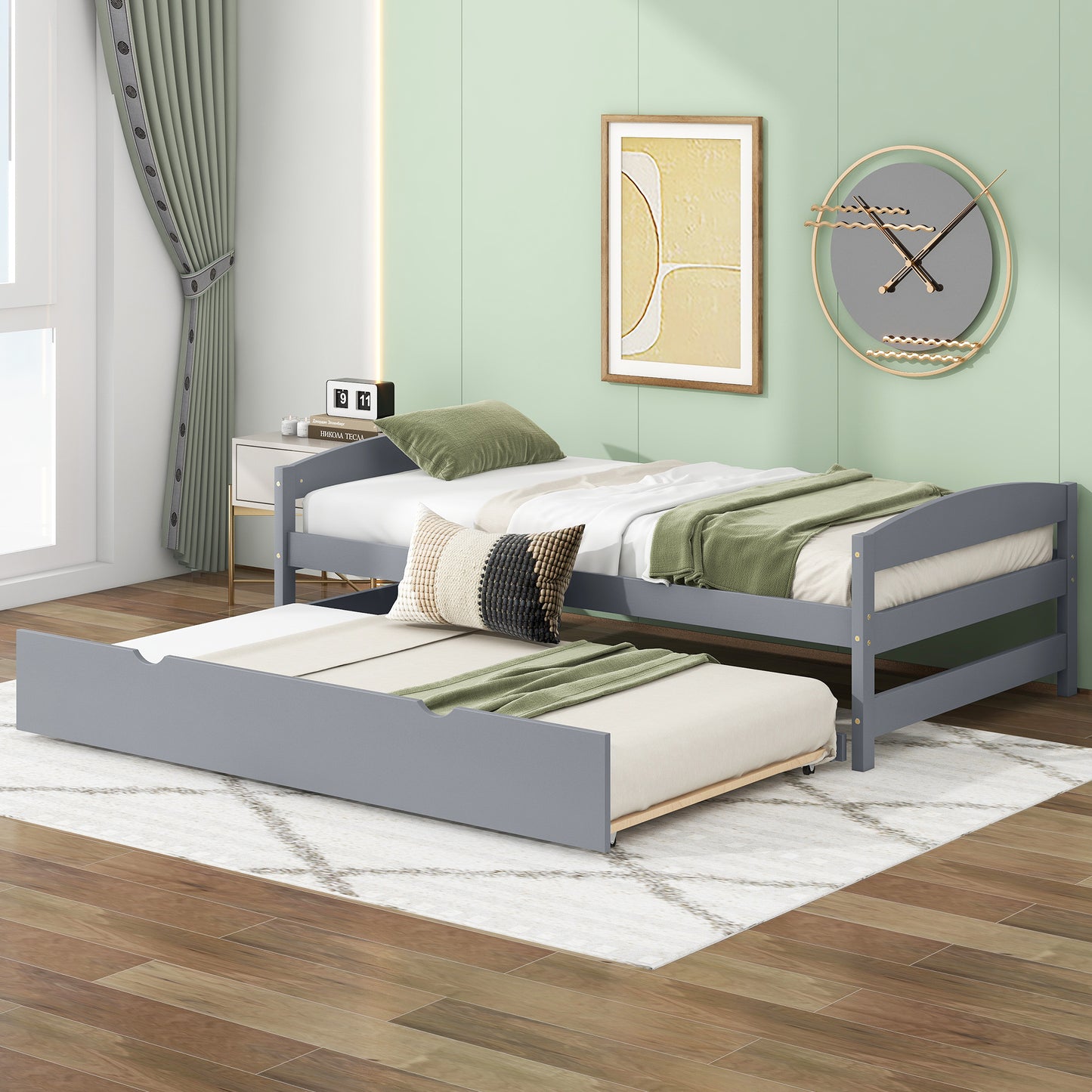 Grey wooden twin daybed with a trundle bed pulled out ideal for guest rooms