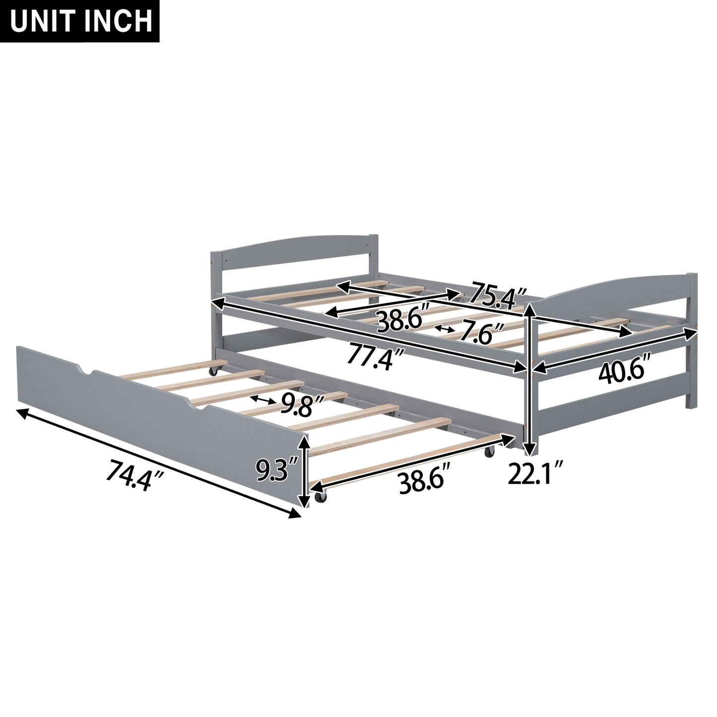 Gray twin trundle bed with detailed dimensions for easy assembly