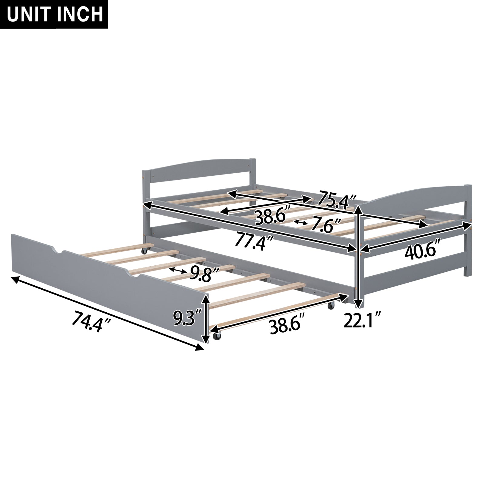 Gray twin trundle bed with detailed dimensions for easy assembly