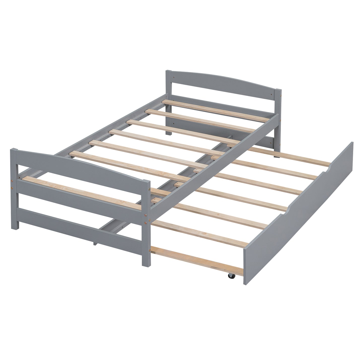 Gray wooden daybed with a pullout trundle drawer perfect for guest rooms