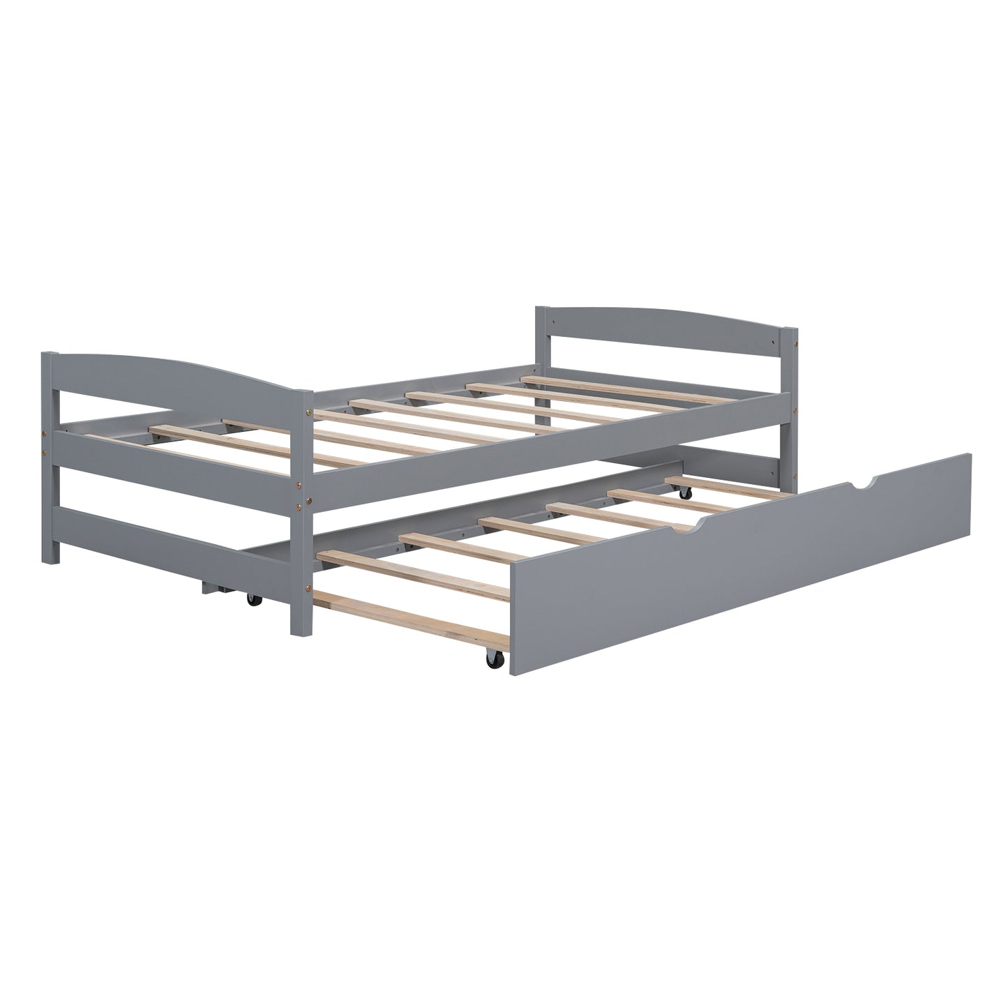 Gray wooden bunk bed with trundle pulled out for spacesaving
