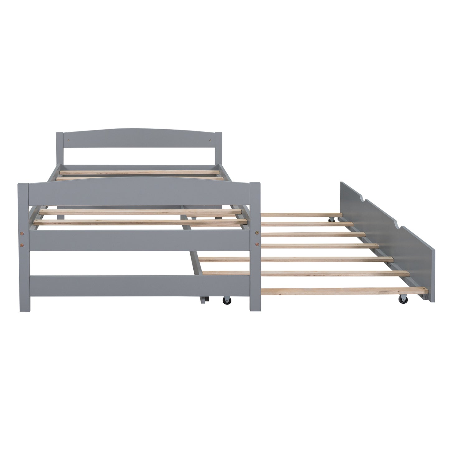Gray twin daybed with pullout trundle and wooden slats