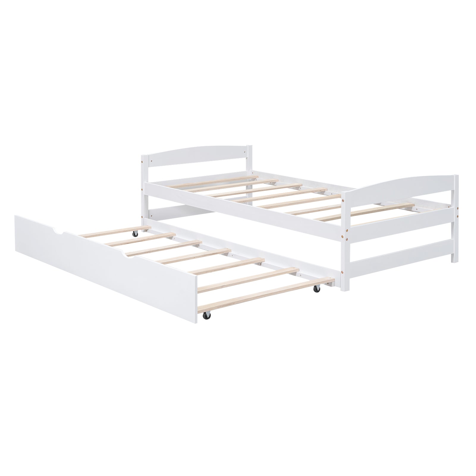 White wooden twin bed frame with pullout trundle