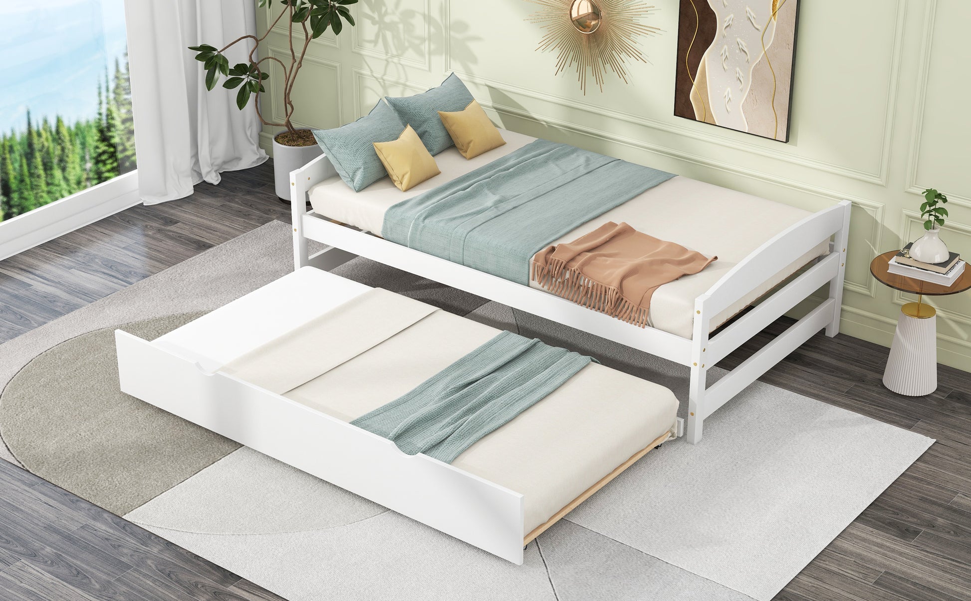 White wood twin trundle bed with pullout mattress and teal blankets