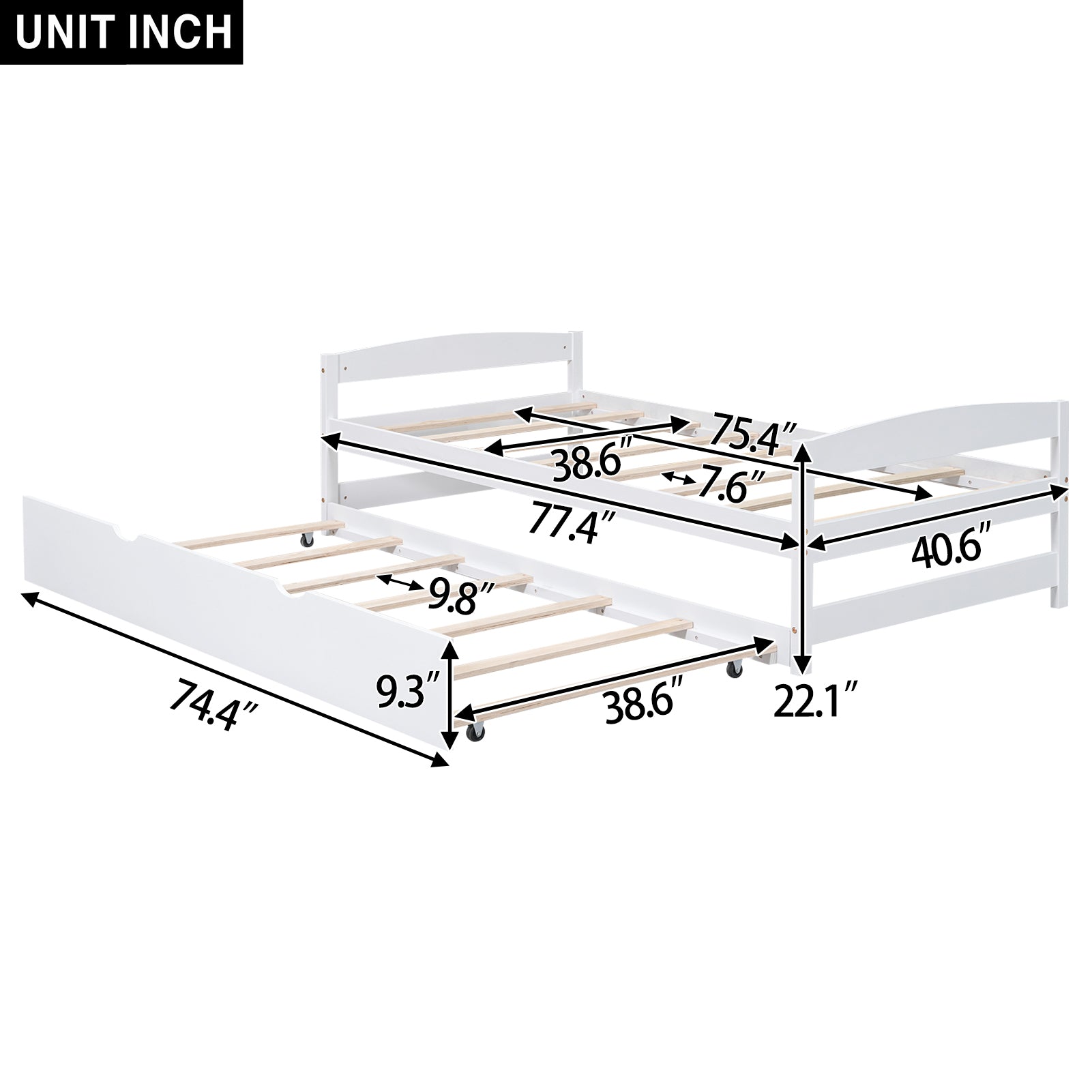 White twin size daybed with trundle featuring detailed dimensions for size and height
