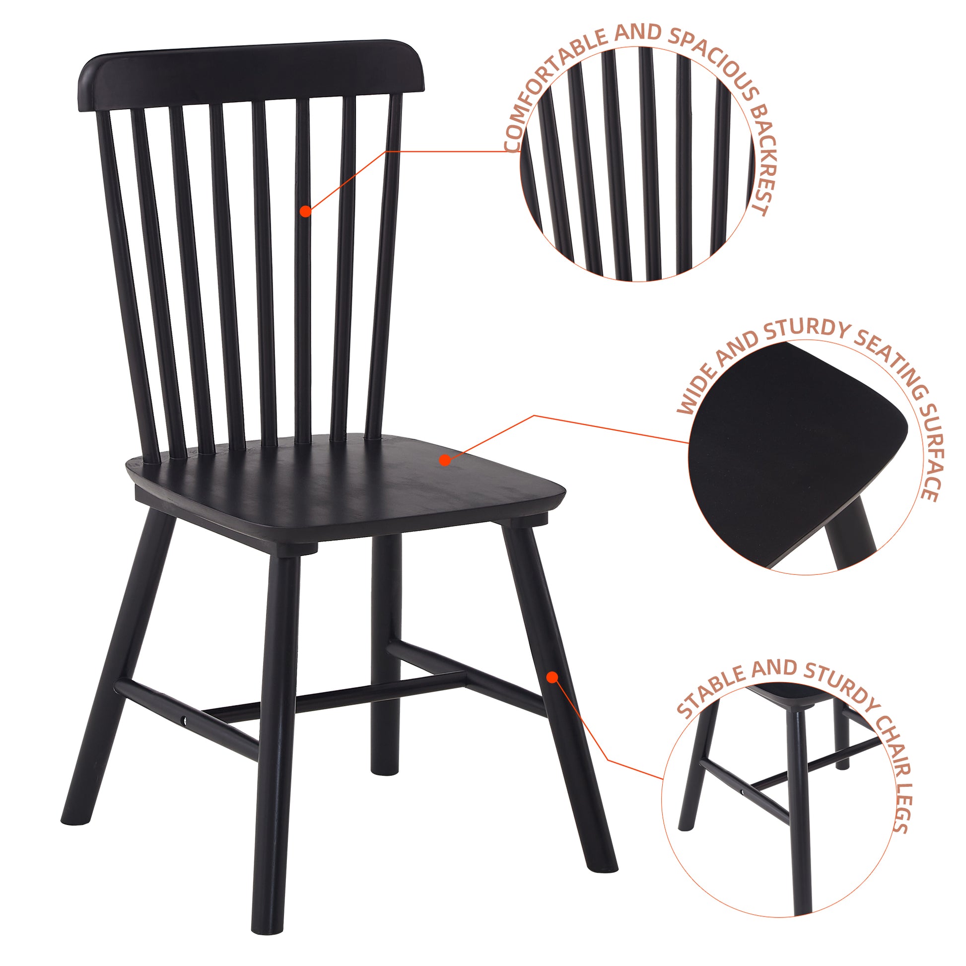 Black Windsor style dining chair with spindle back and wide seat