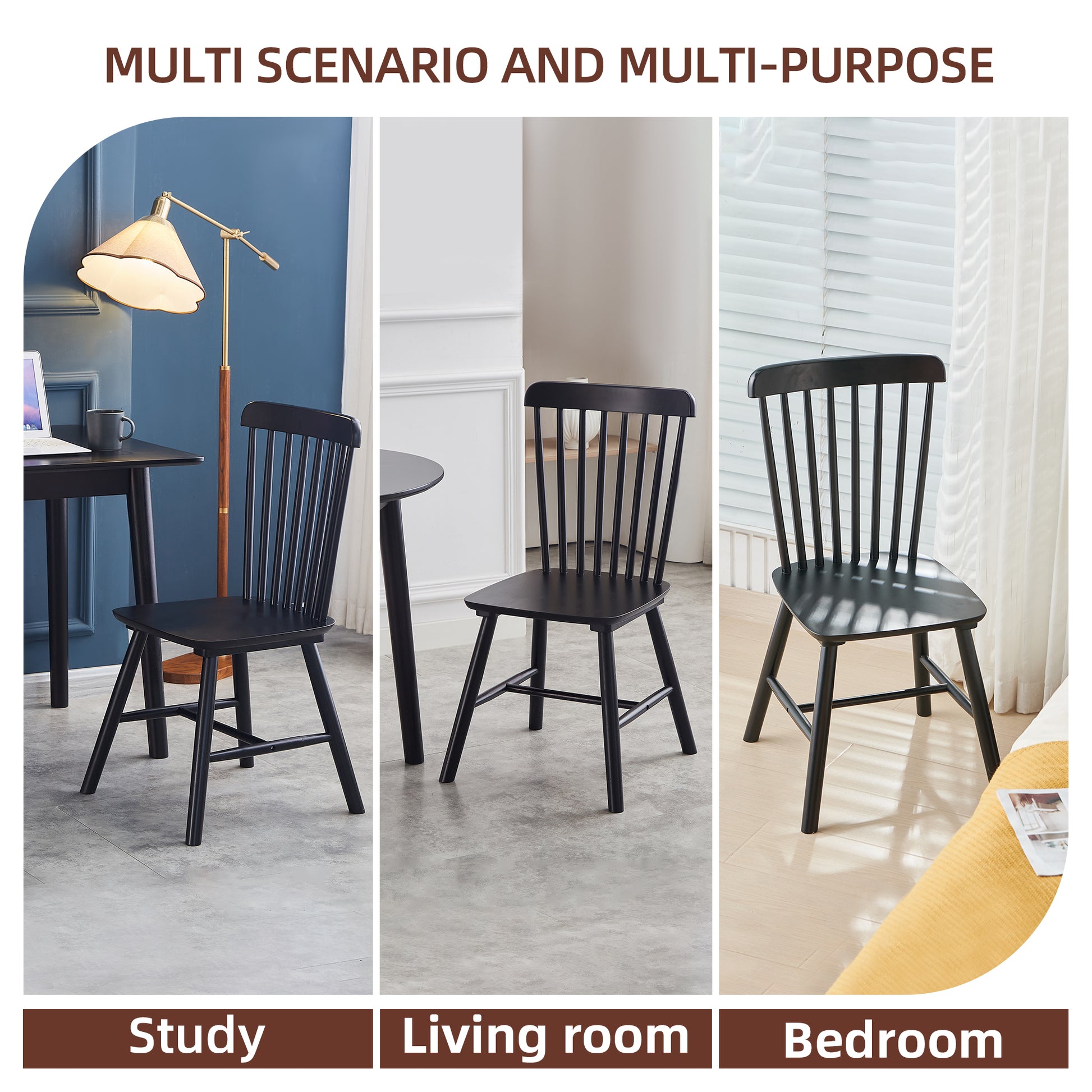 Black wooden dining chair with spindle back in a home study setting