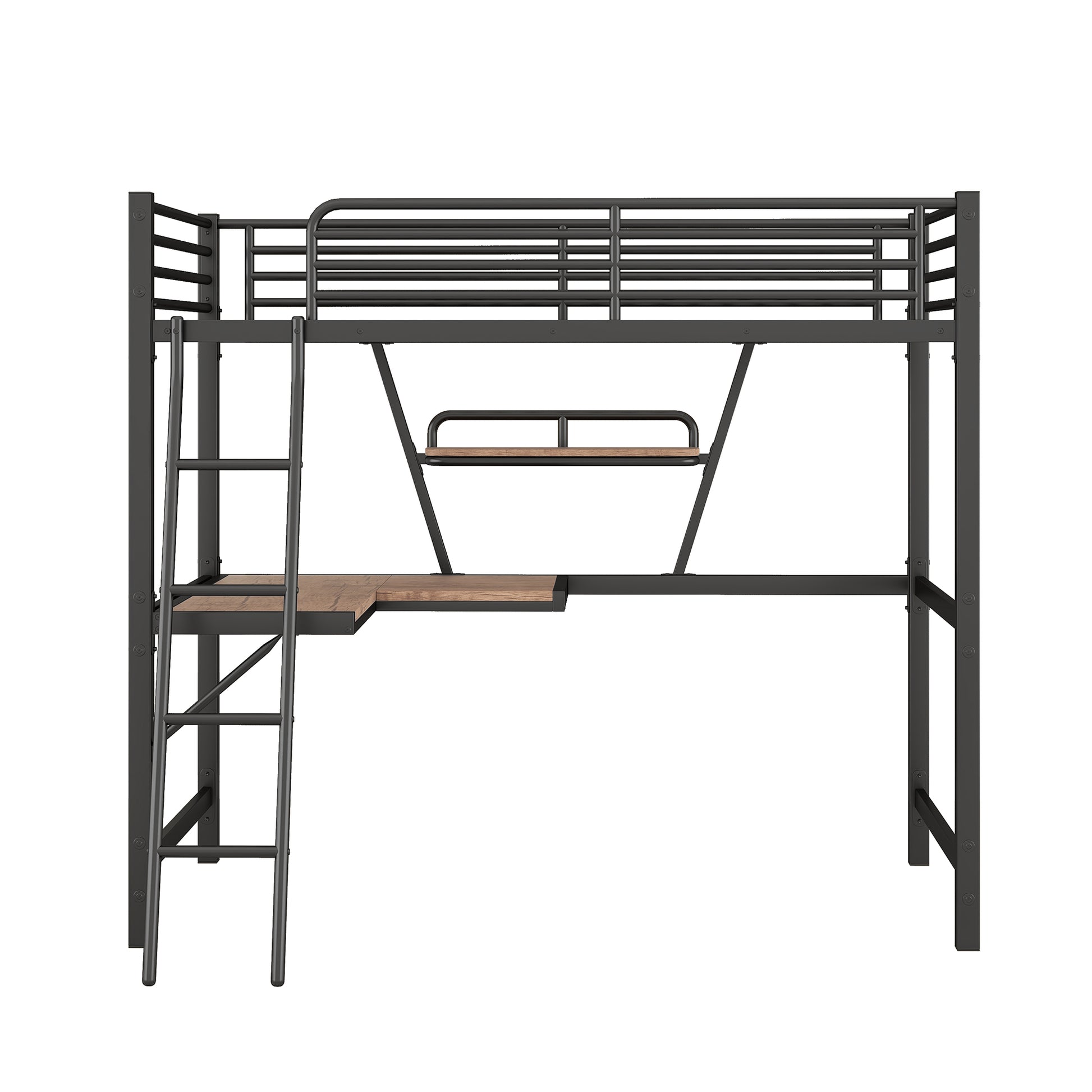Gray metal loft bed with desk and ladder