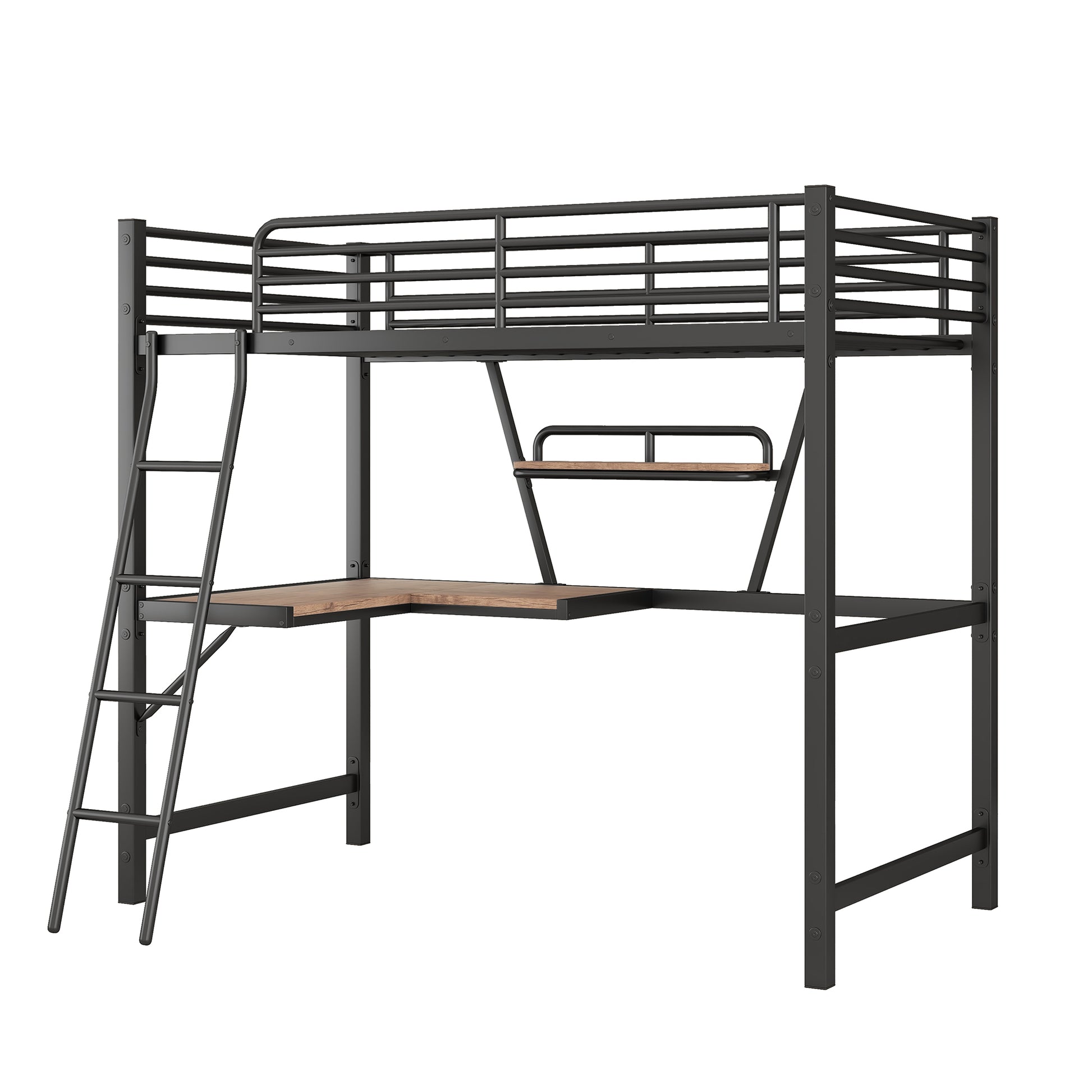 Black metal loft bed with desk and attached ladder