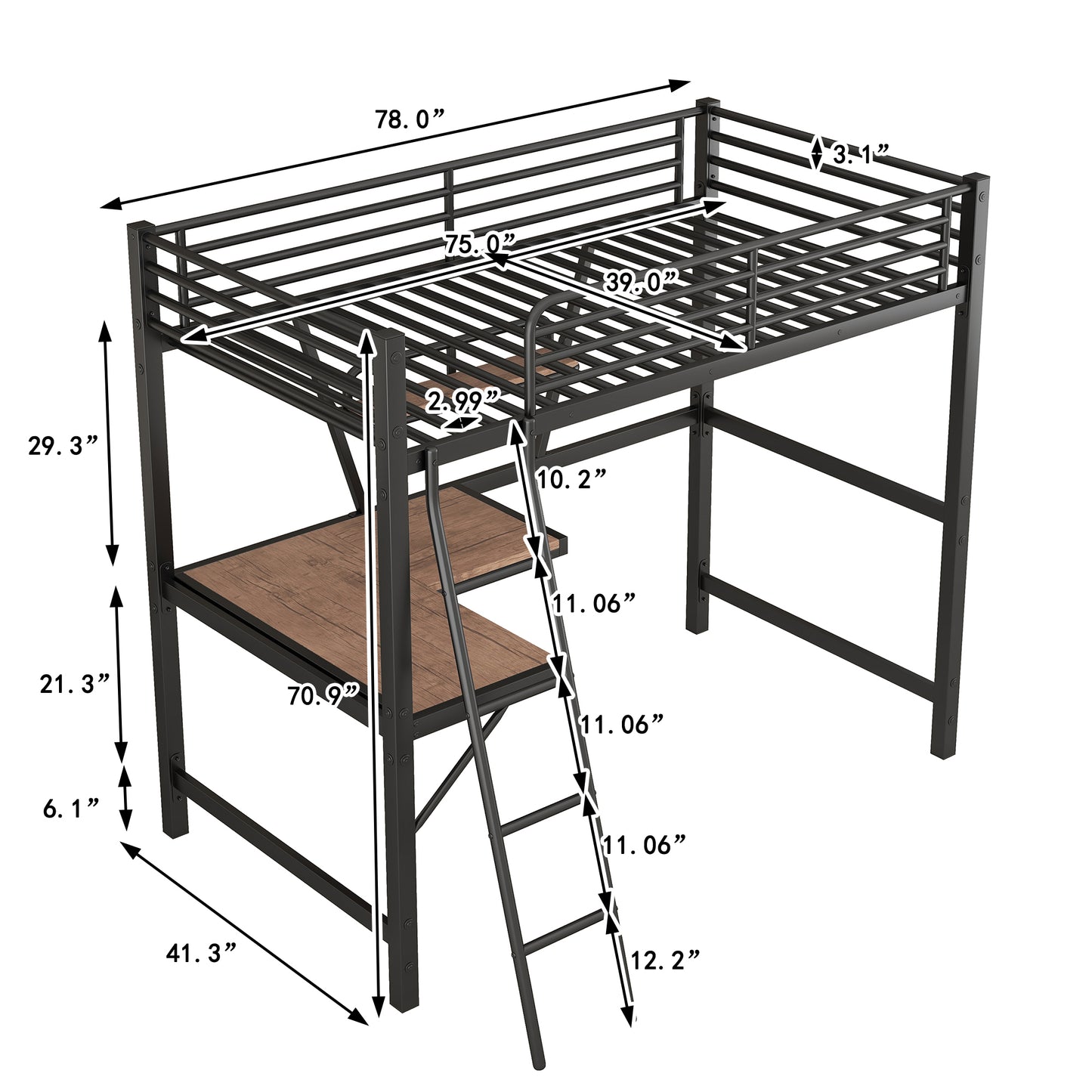 Black metal loft bed with integrated desk and ladder measuring  inches long